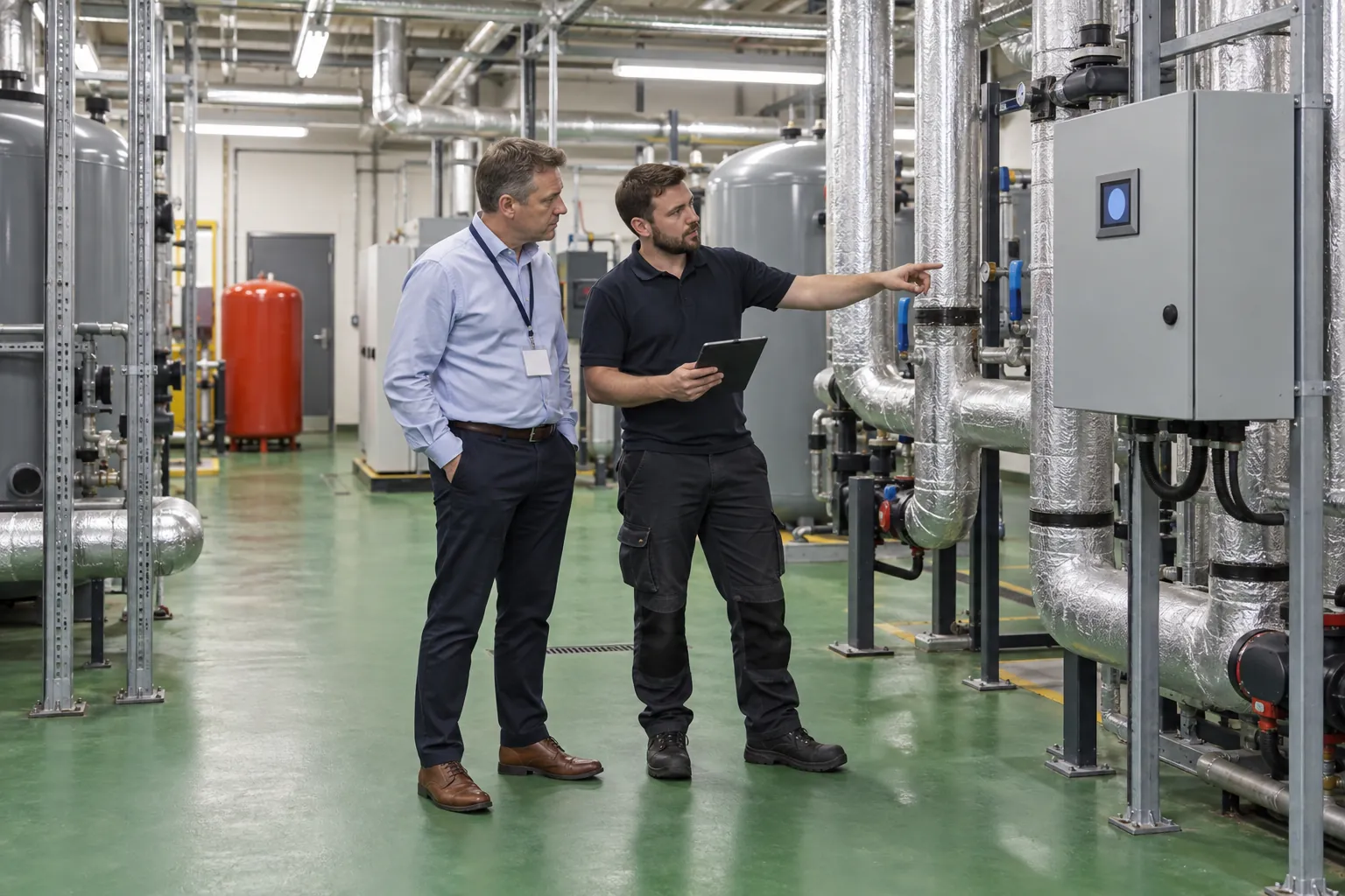 A building manager and an engineer inspecting pipework in a plant room.