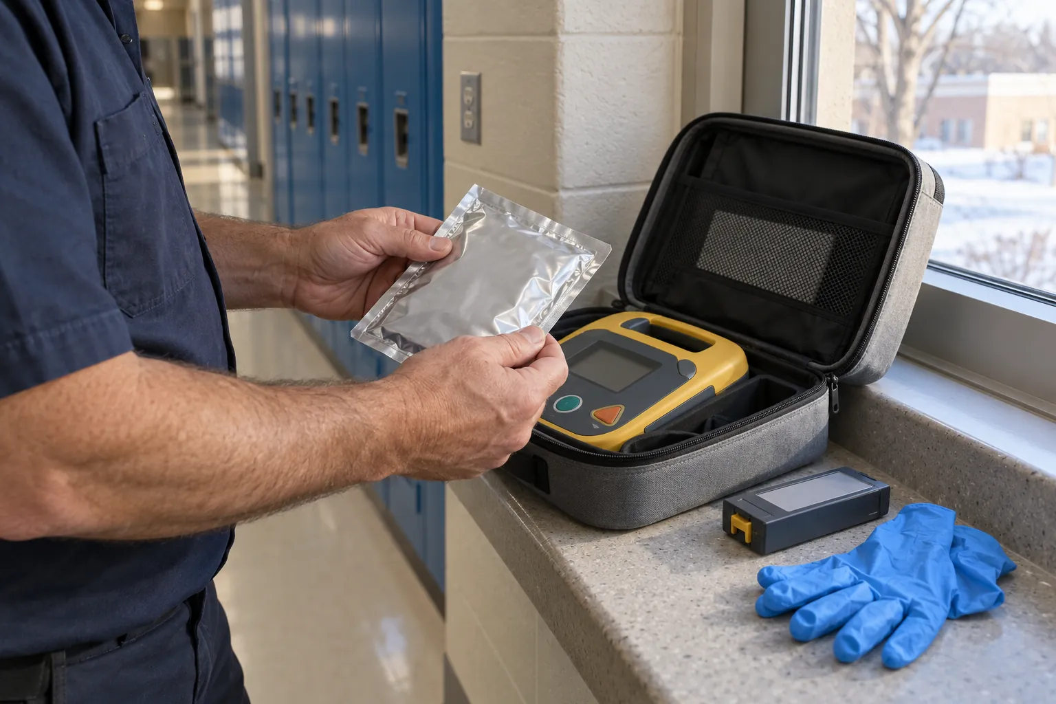 A custodian's hands holding a sealed pad package beside an open AED case, spare battery and gloves on a school corridor windowsill.