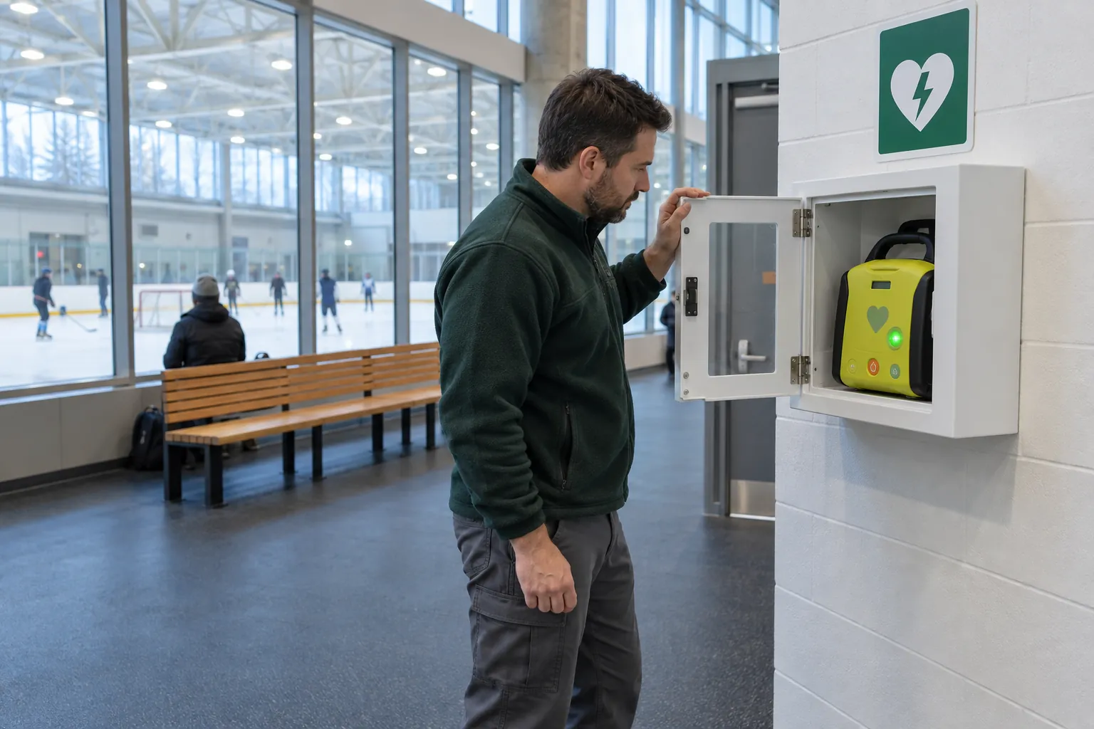 A facility operator at an open wall-mounted AED cabinet in the lobby of a community arena, checking the defibrillator's status light.