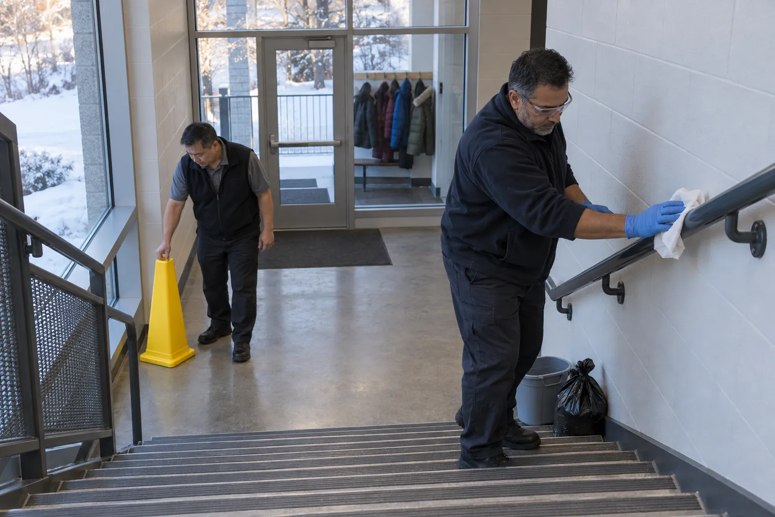A supervisor placing a wet floor cone at the foot of a stairwell while a gloved custodian wipes the handrail.