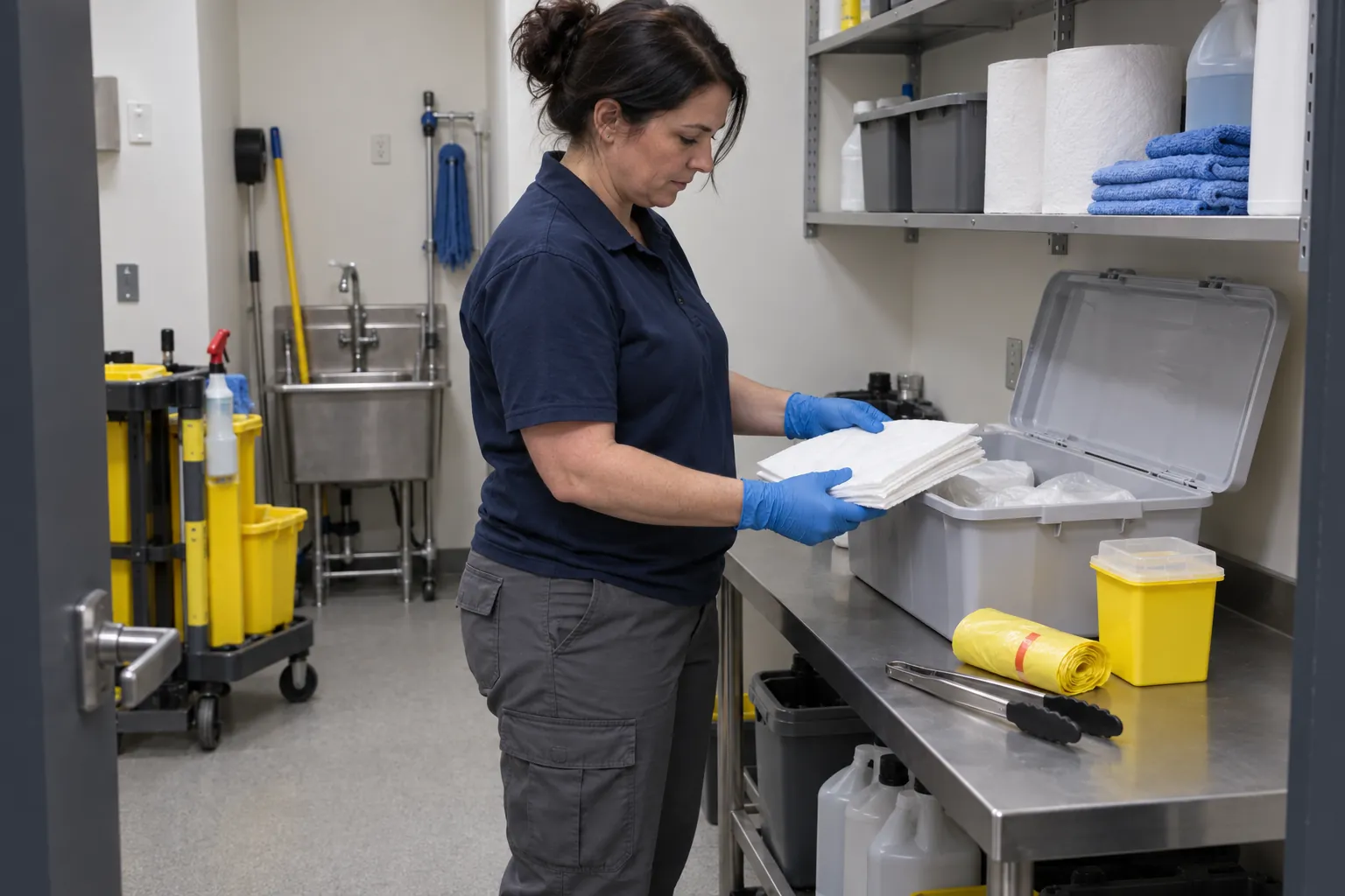 A custodian in nitrile gloves checking a spill kit of towels, tongs, bags and a sharps container in a janitor's closet.