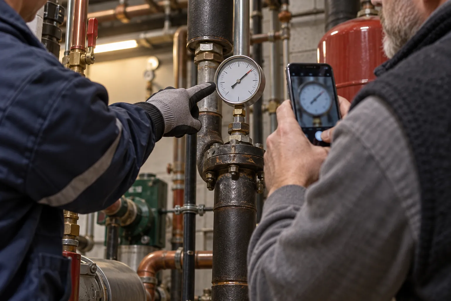 A technician pointing at a pressure gauge on boiler pipework while a building superintendent photographs it with a phone.