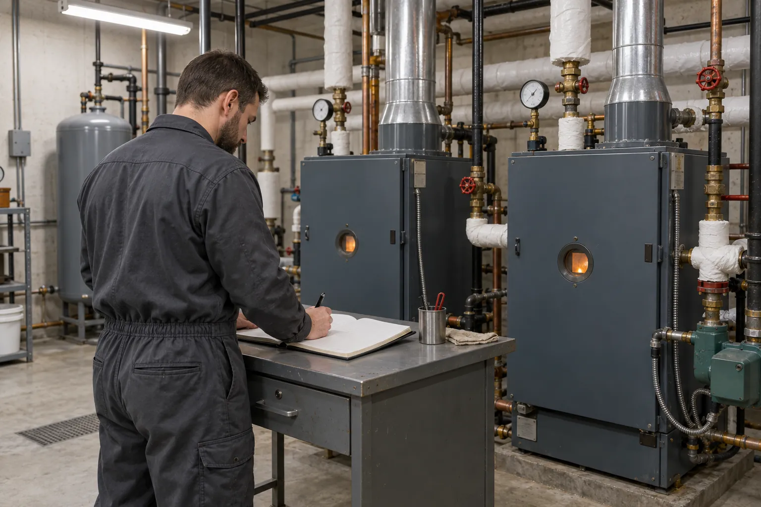 A building operator writing in a bound logbook at a desk beside two commercial boilers in a basement mechanical room.