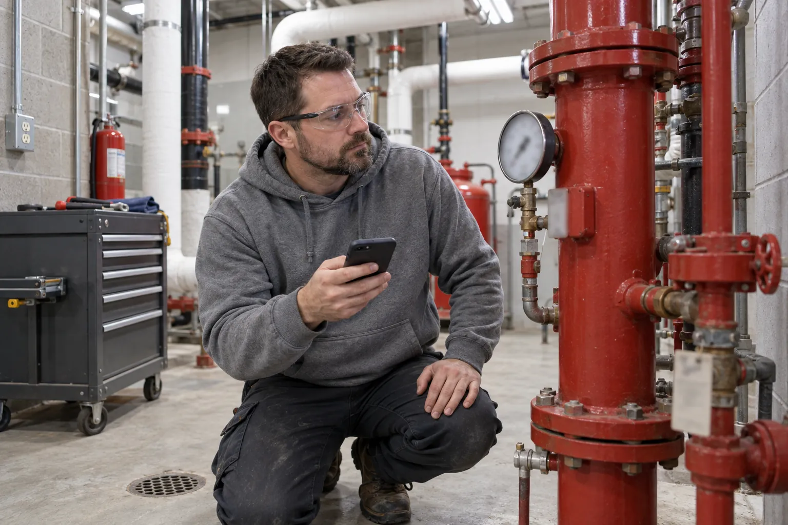 A maintenance technician kneeling in a school mechanical room, reading the pressure gauge on a red sprinkler riser.