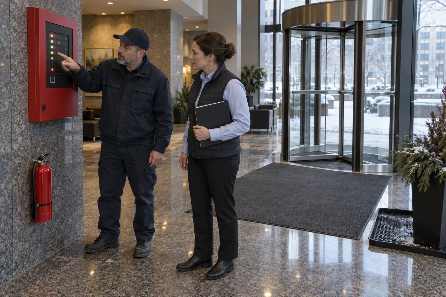 A property manager and a building operator at a fire alarm panel in an office tower lobby, with snow on the plaza outside.