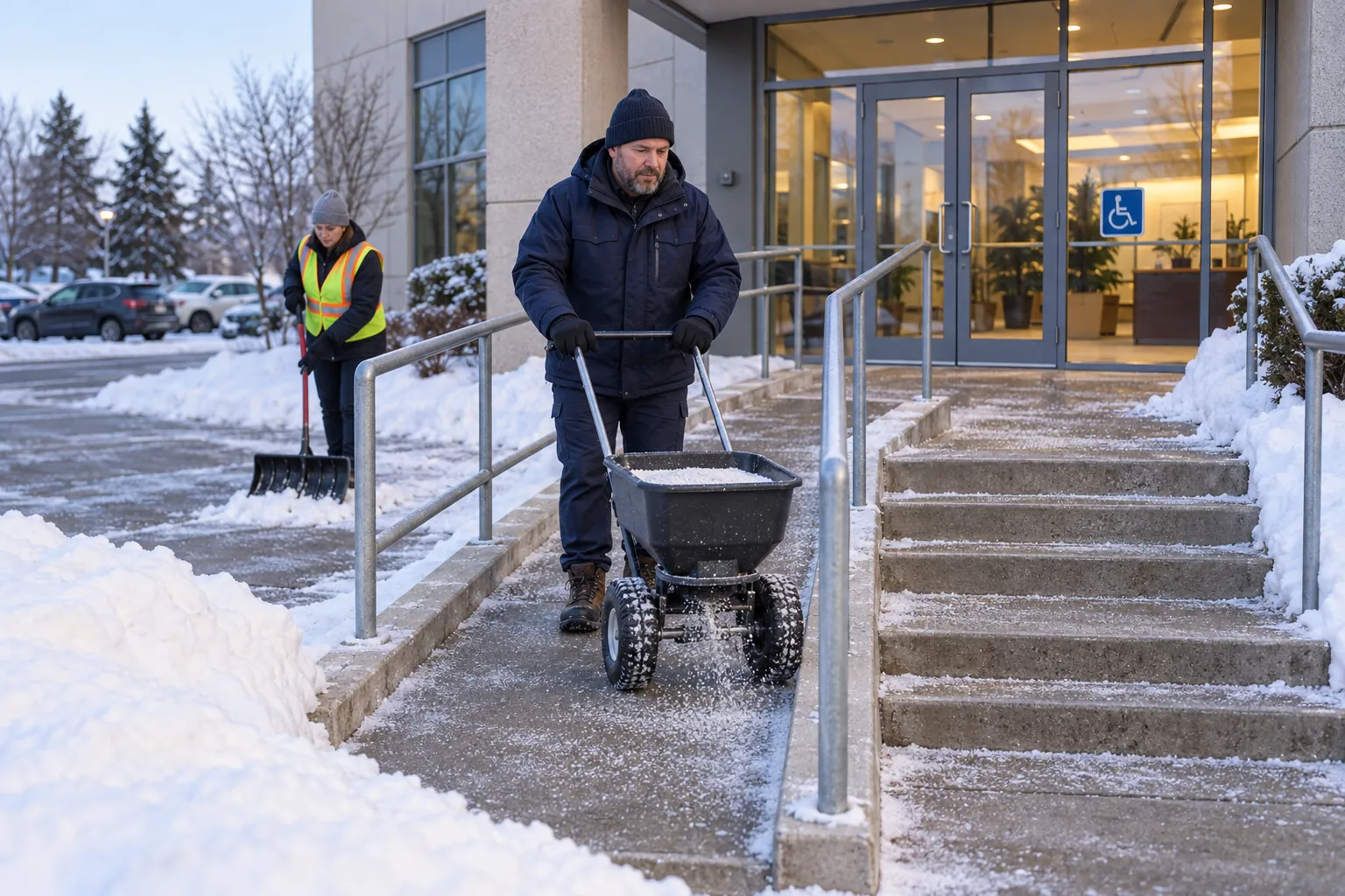 A maintenance worker salting the entrance steps and ramp of an office building on a snowy morning, with a colleague shovelling the walkway behind.