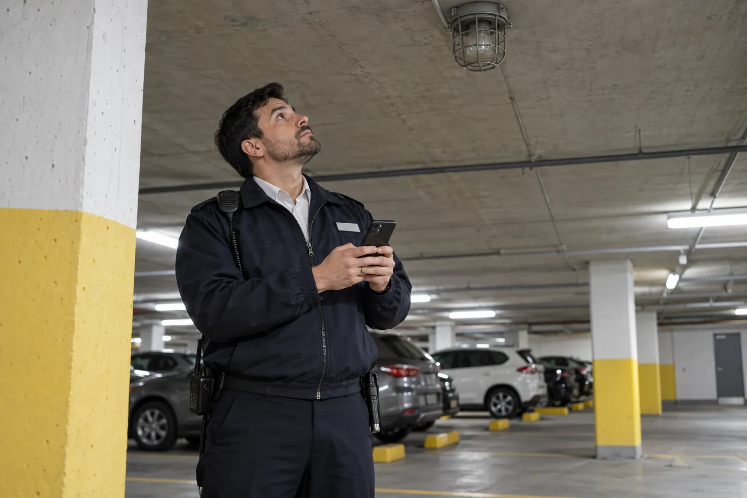 A security guard in an underground parkade looking up at a burnt-out caged ceiling light and noting it on his phone.