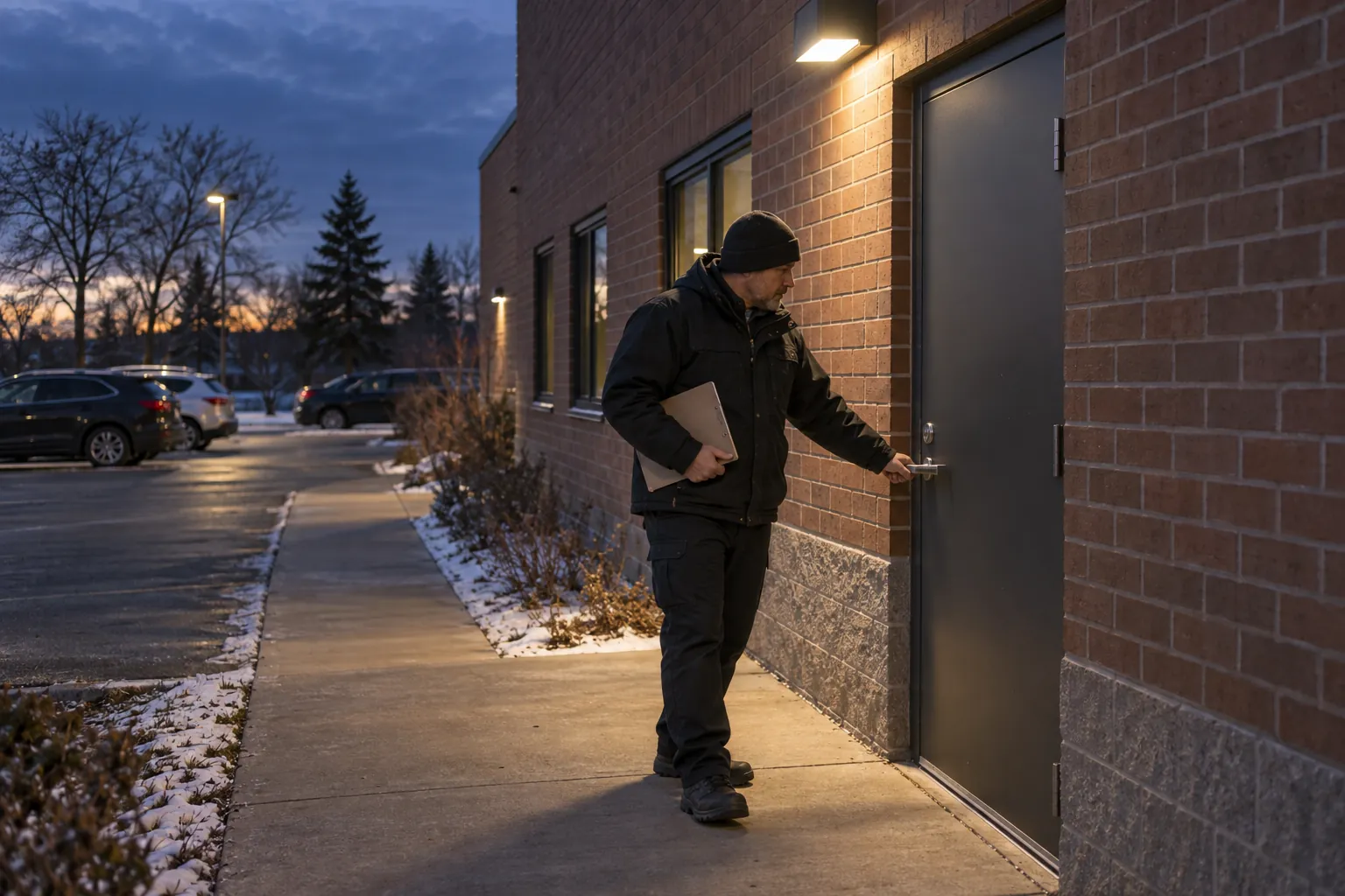 A building operator checking that a steel side door of an office building is latched at dusk, with early snow along the walkway.