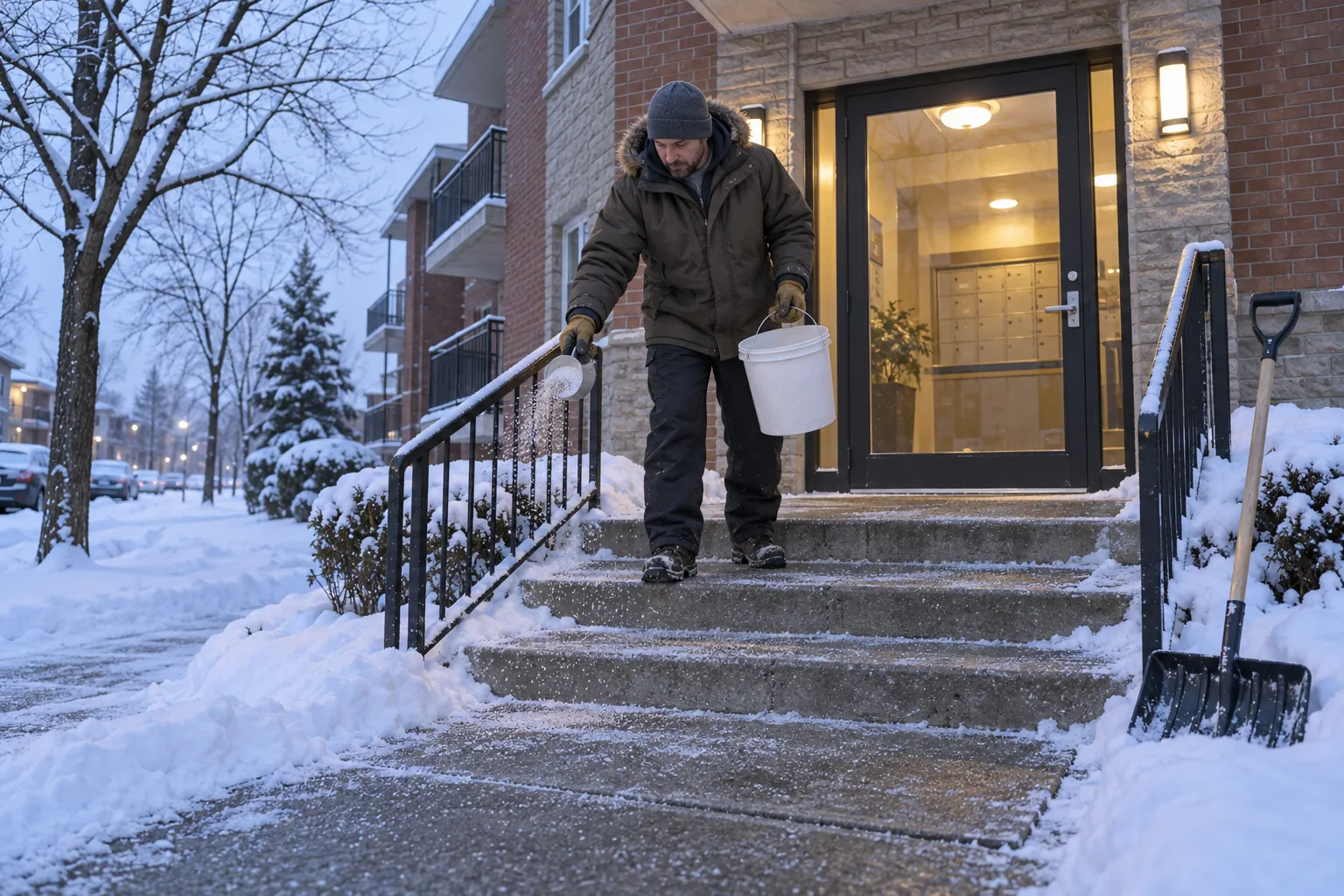 A superintendent in a winter parka spreading ice melt on the front steps of an apartment building on a snowy morning.
