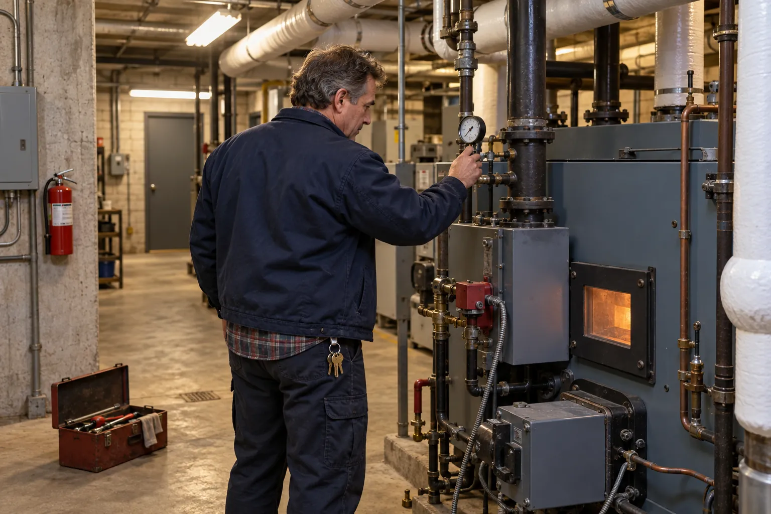 A building superintendent checking the gauge on a boiler in an apartment building's basement boiler room, with a toolbox on the floor.