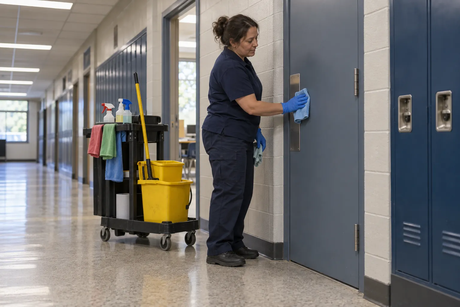 A custodian wiping a washroom door push plate in a school corridor beside her janitor's cart.