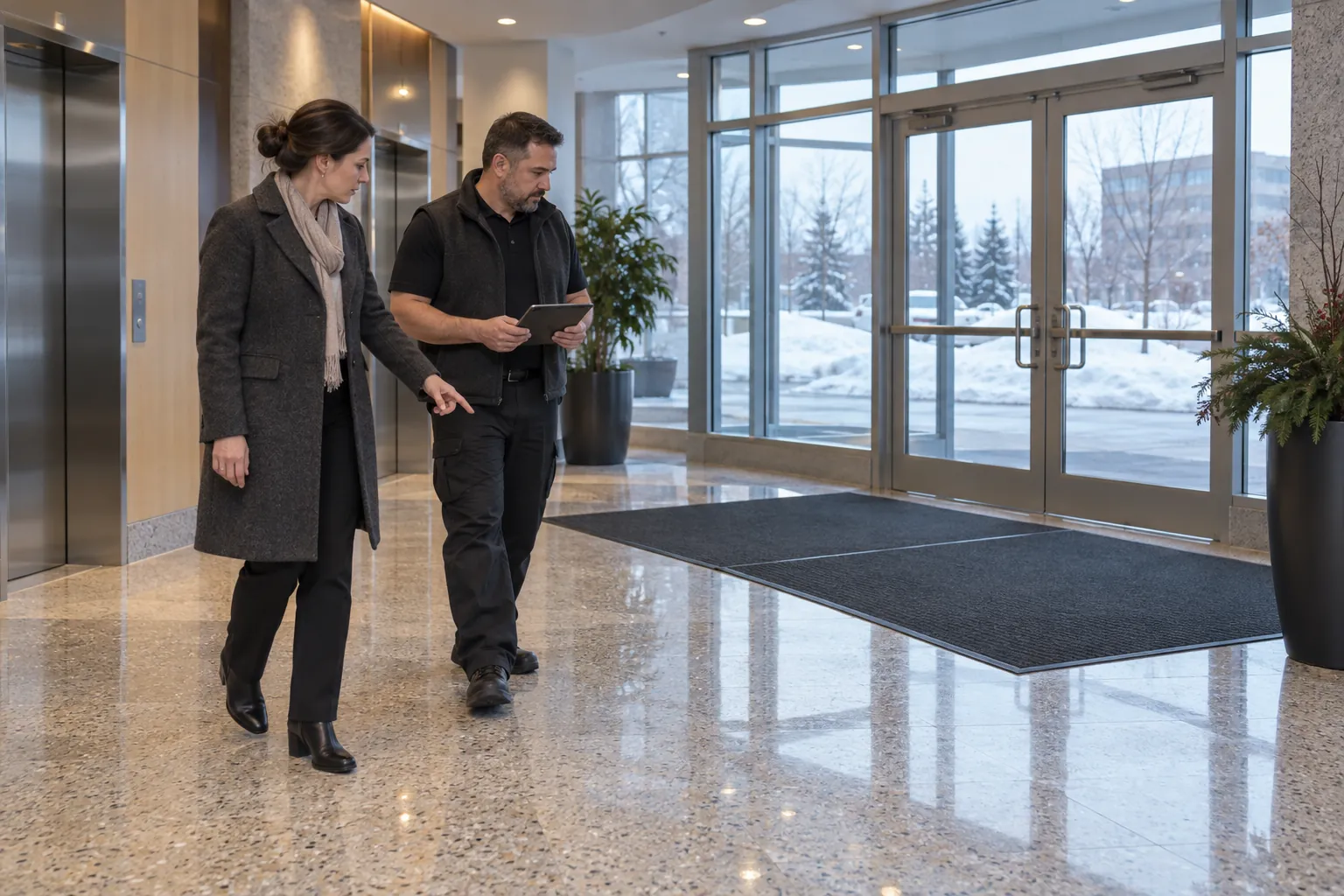 A property manager and a janitorial supervisor inspecting entrance matting and a mopped floor in an office tower lobby on a winter morning.