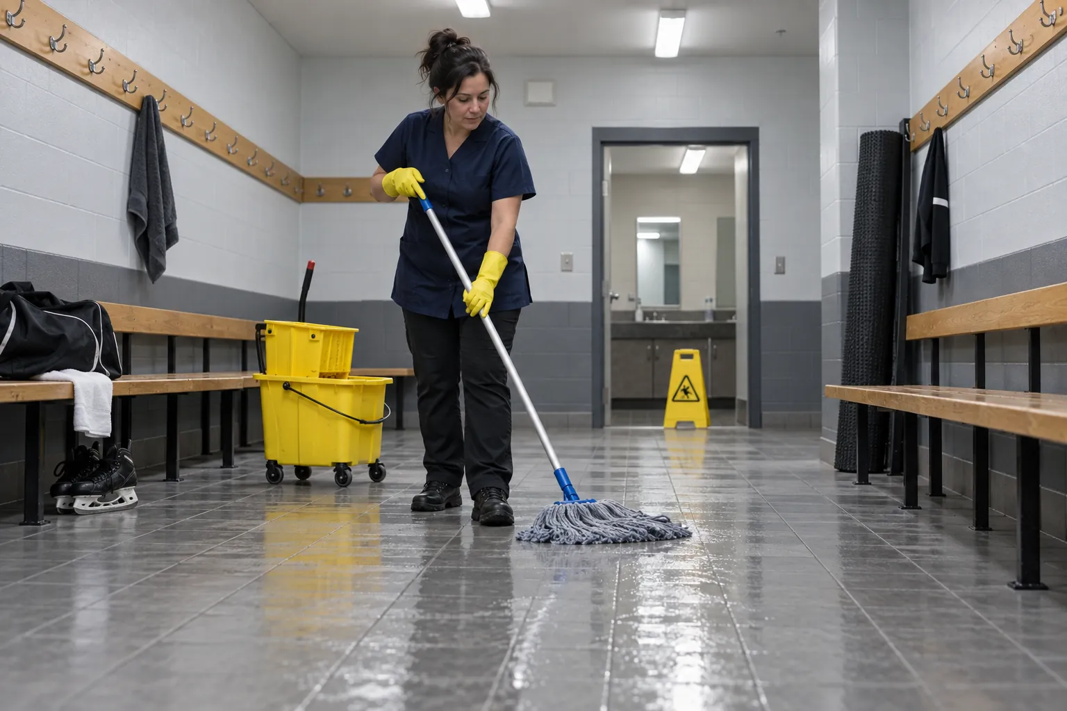 A cleaner mopping the tiled floor of an arena change room between wooden benches, with a wet floor sign at the door.