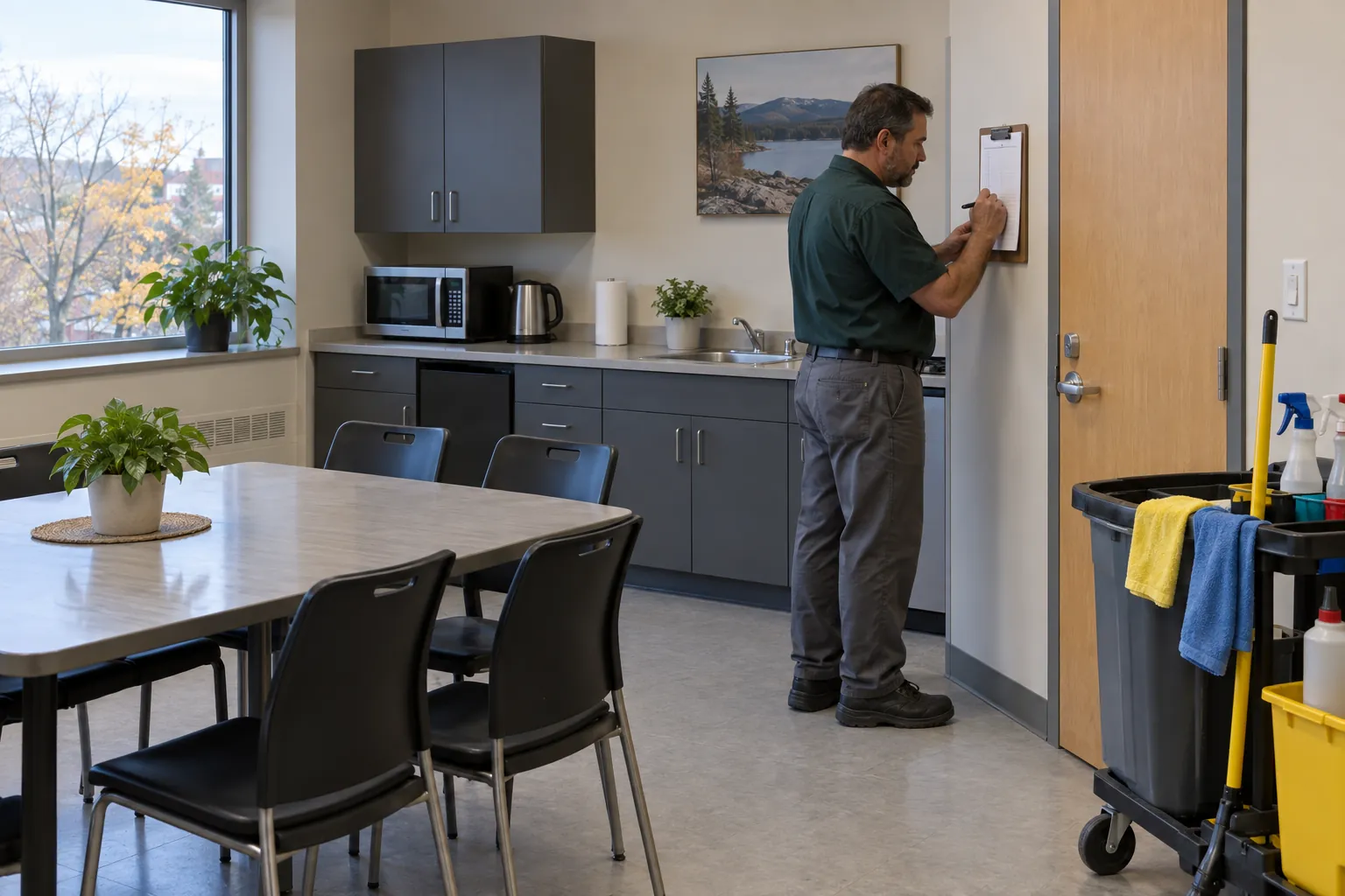 A custodian initialling a clipboard log on the wall by a lunchroom door, with a clean table and a janitorial cart behind.
