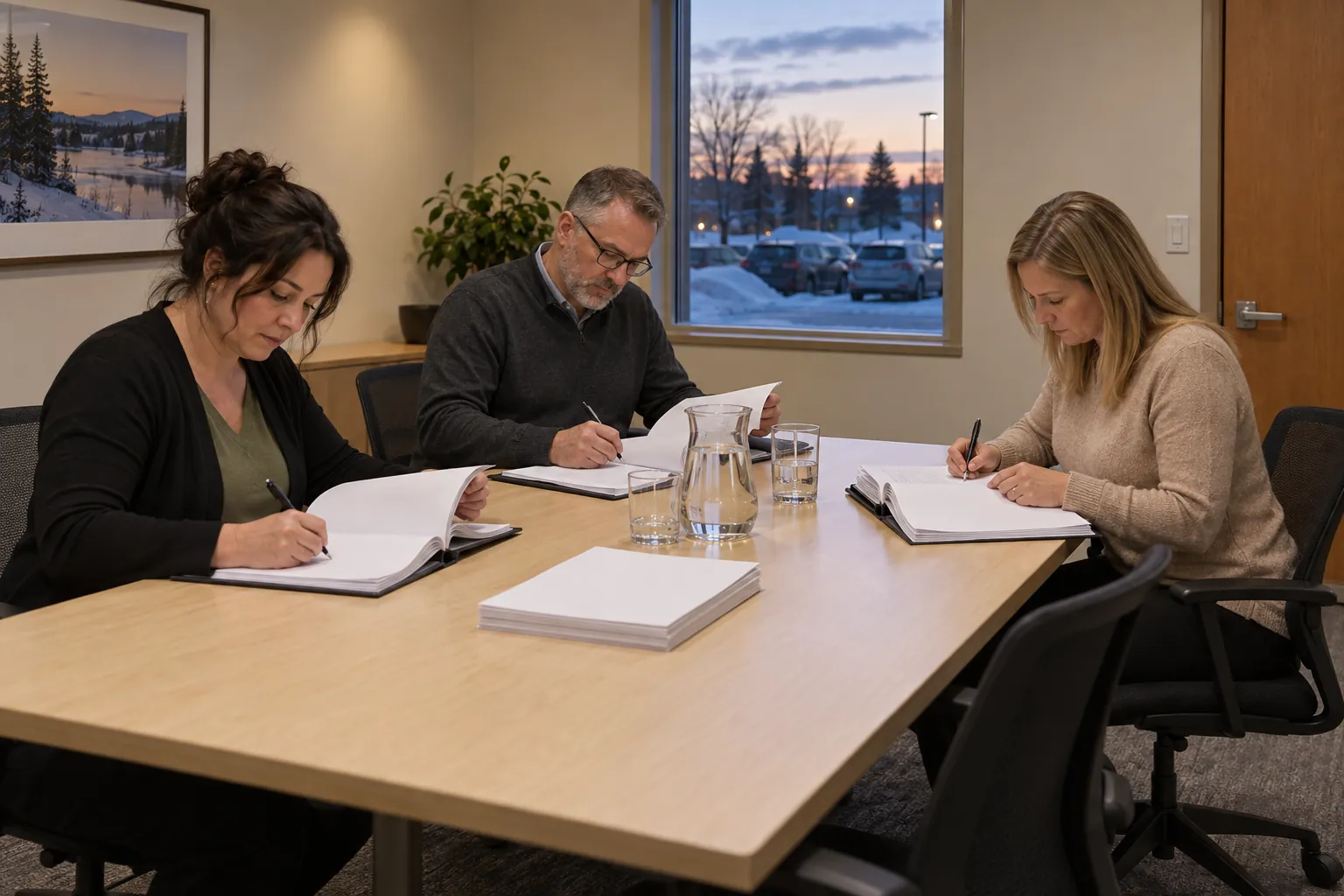 Three panel members scoring printed proposals at a meeting-room table, snow-edged parking lot visible through the window.