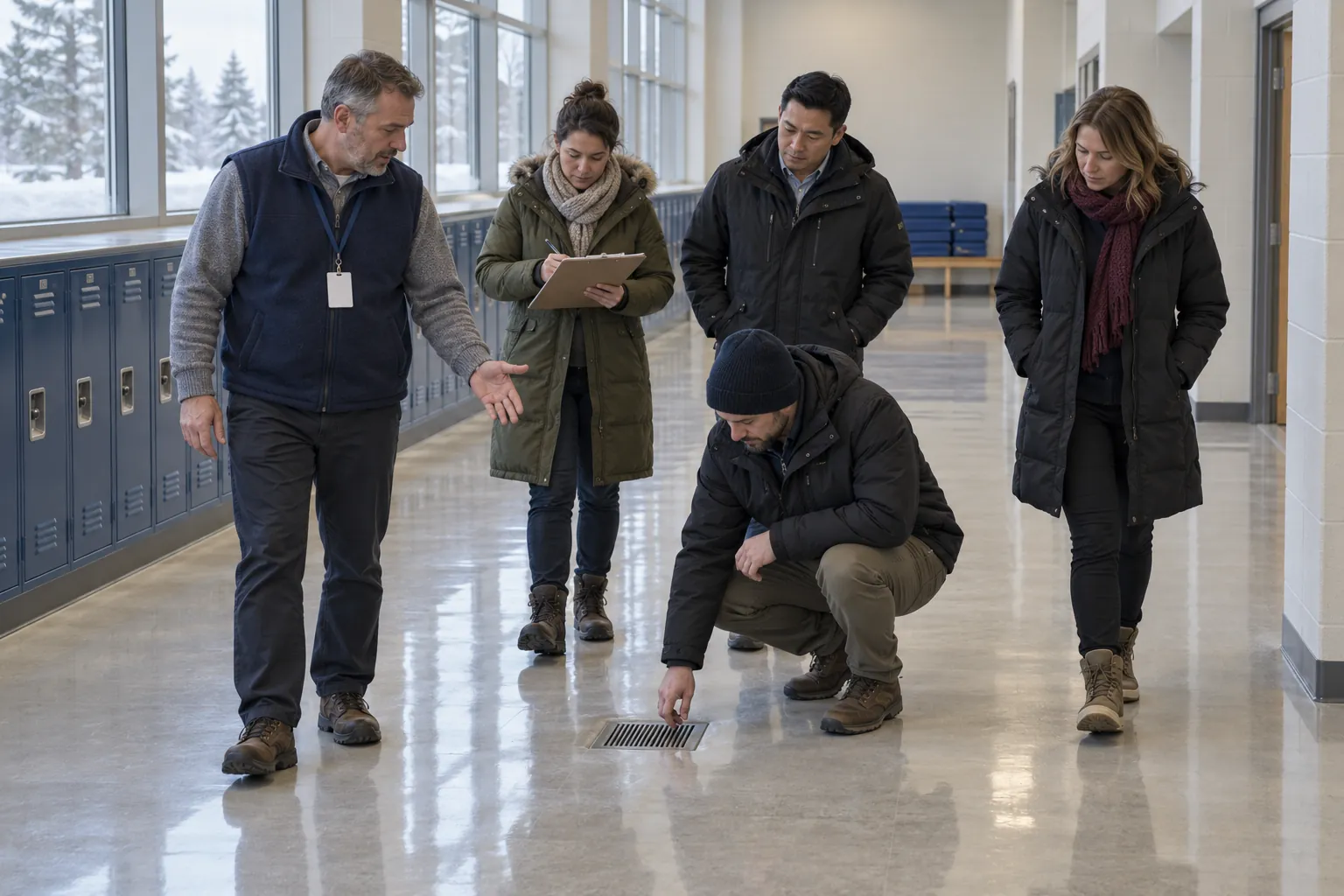 A school facilities officer leading four contractor representatives along a quiet school corridor on a site visit.