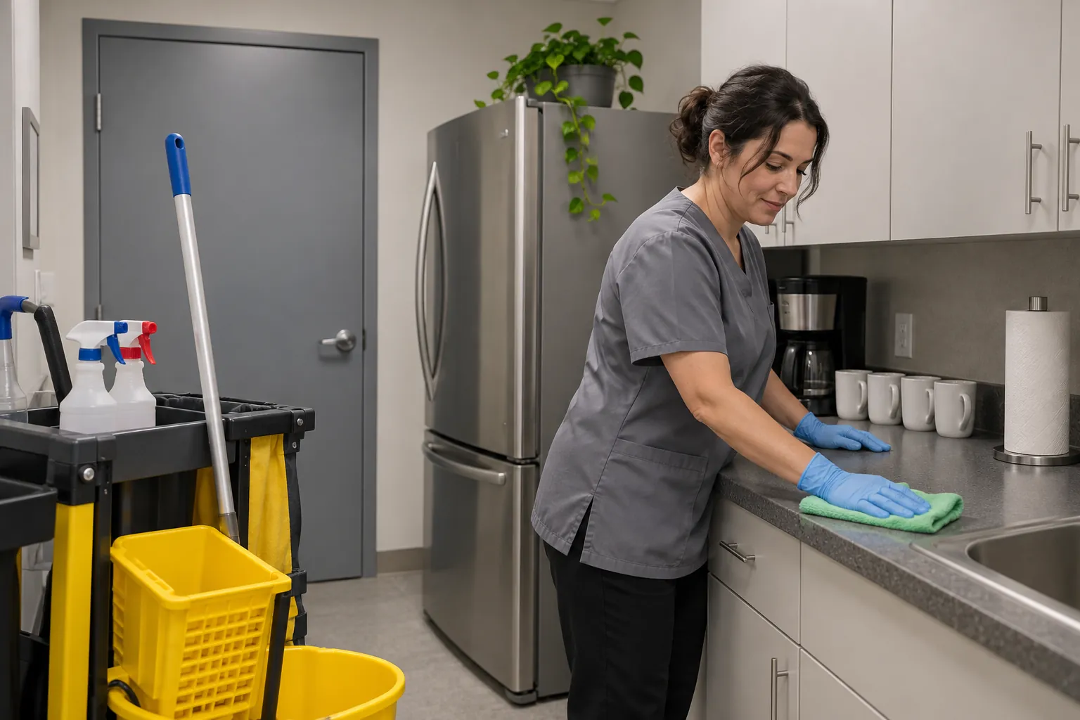 A cleaner in gloves wiping a kitchenette counter, with a janitorial cart parked in the doorway.
