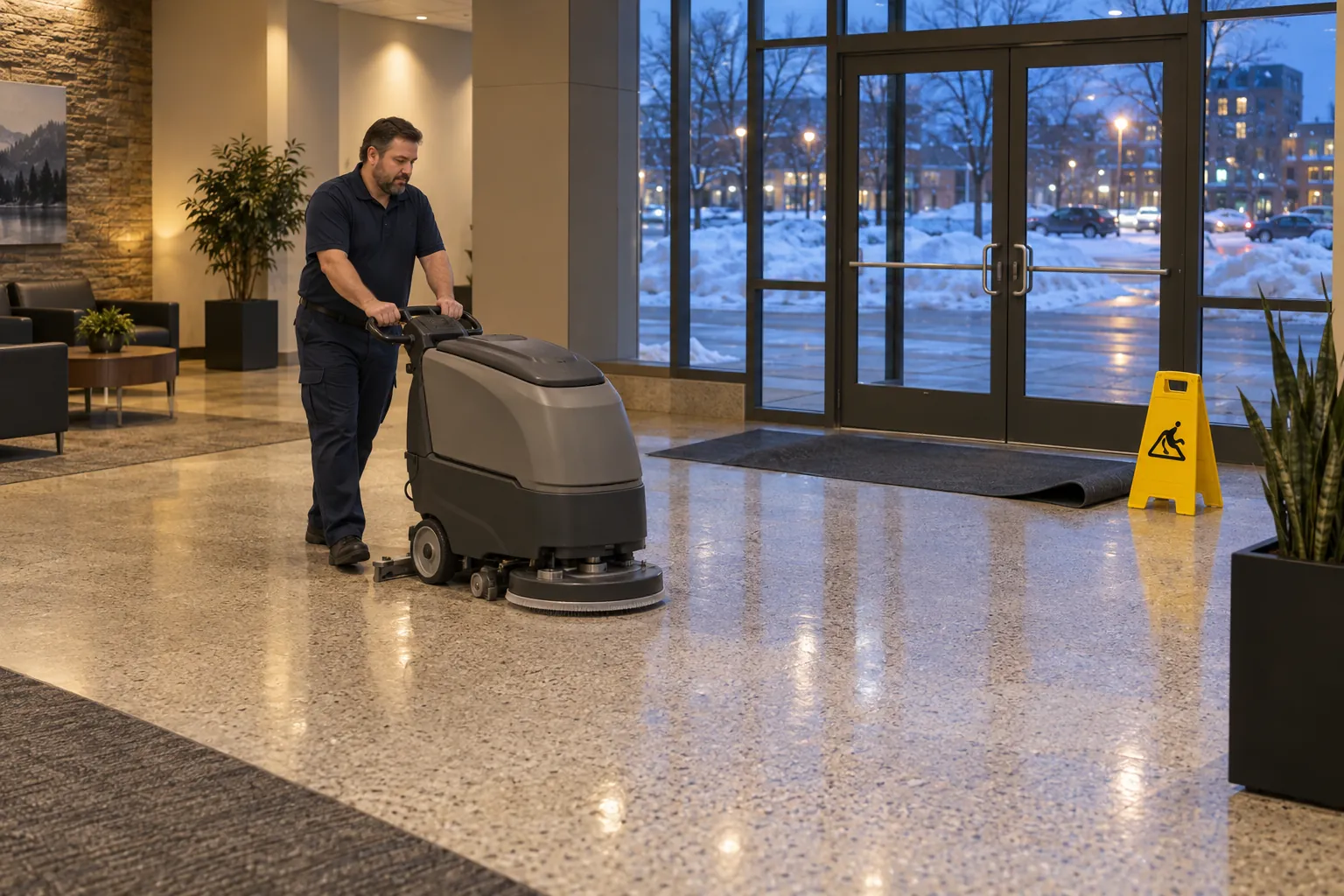 A janitor running a floor scrubber across an office lobby at dusk, with a wet floor sign by the glass entrance and snow outside.