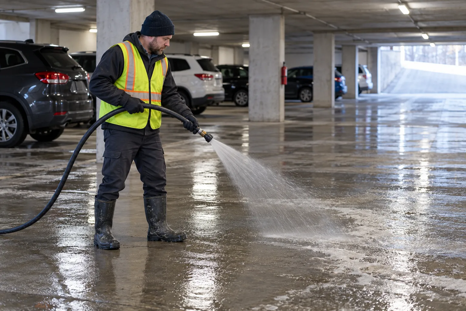 A maintenance technician hosing road salt off a parking garage floor in the spring wash-down.