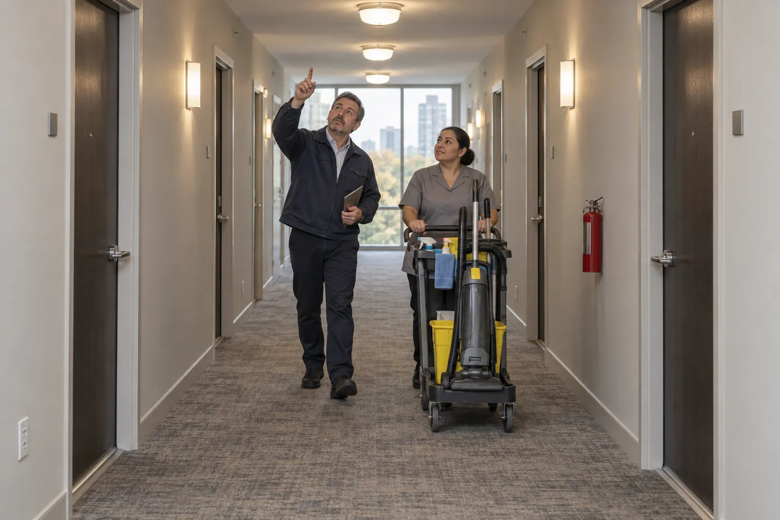 A building superintendent and a janitorial worker with a cleaning cart walking along a condo corridor, the superintendent pointing at a ceiling light.