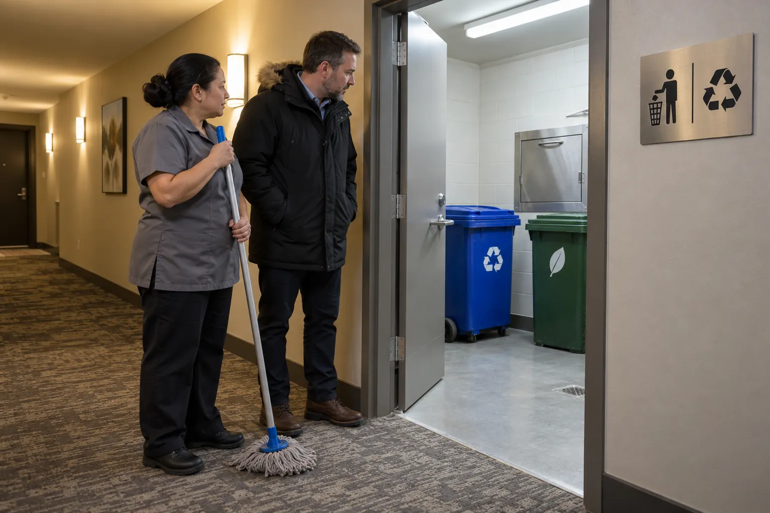 A condo manager and a janitorial worker with a mop at the doorway of a clean garbage and recycling room with bins beside a chute hatch.
