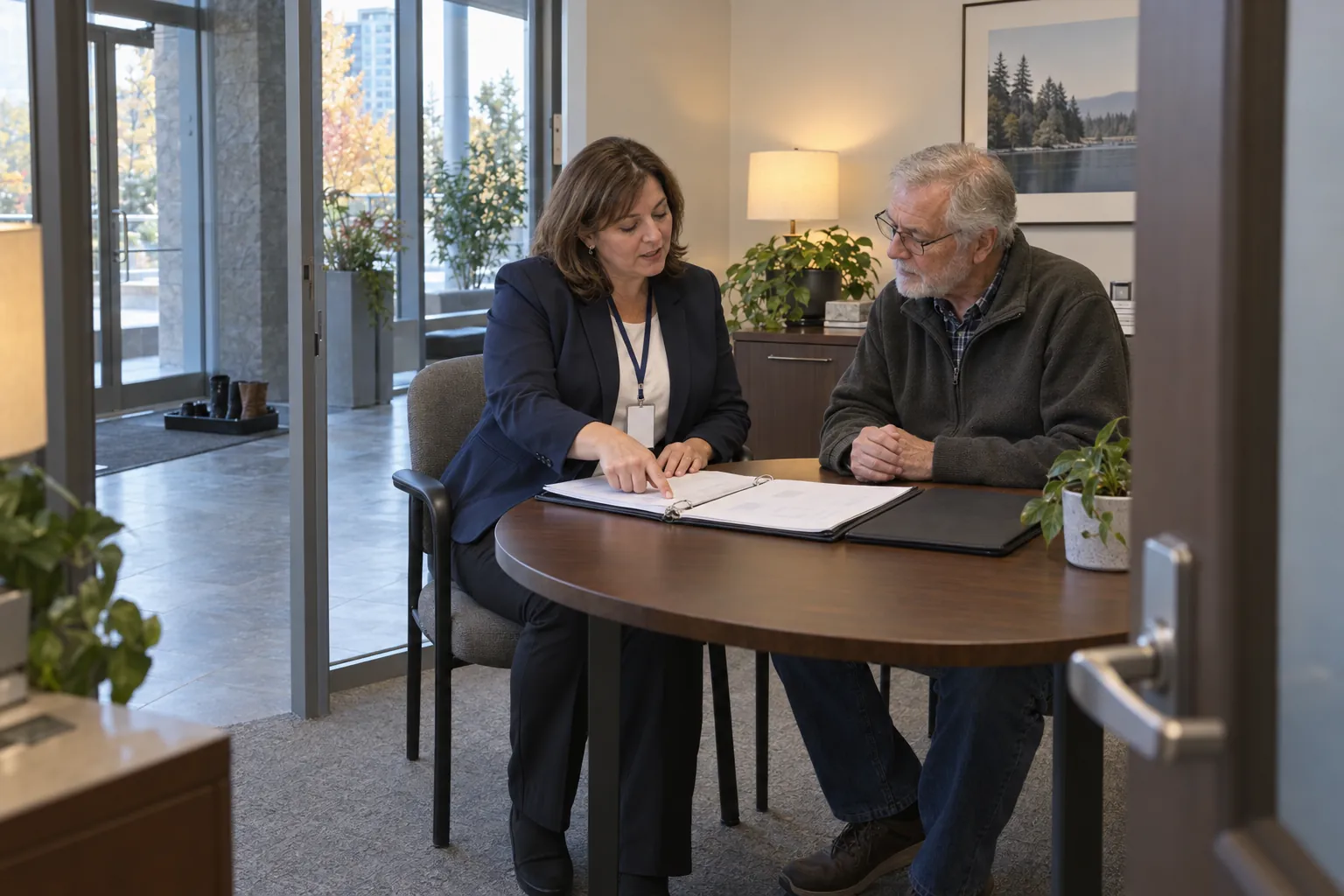 A condo manager and a board member at a table in a building management office, looking at a binder together.