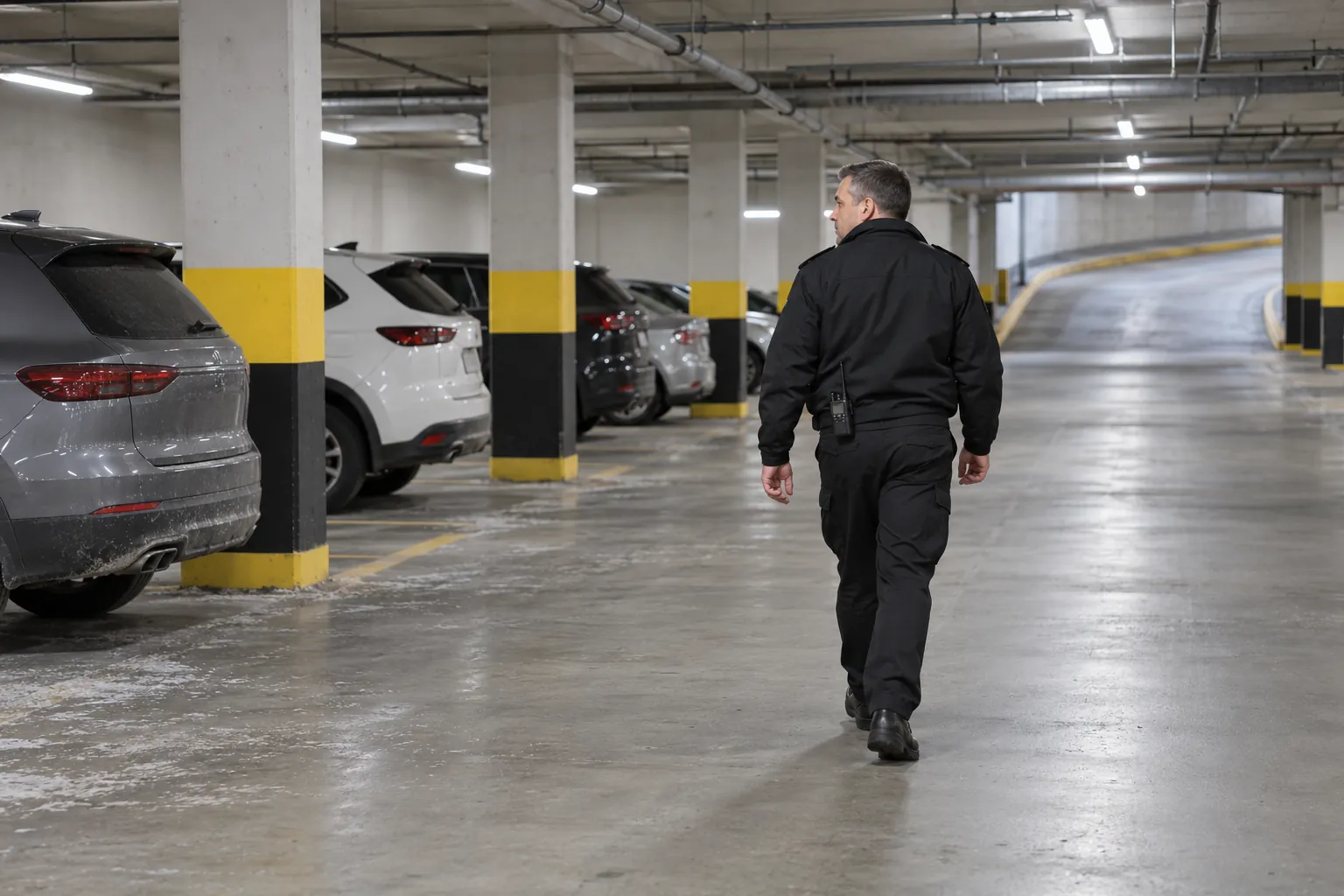 A security guard walking a patrol along the drive aisle of an underground condo parking garage.