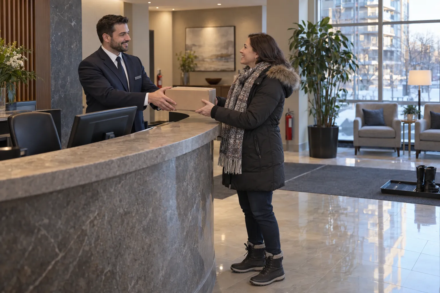 A concierge security guard at a condo lobby front desk handing a parcel to a resident in a winter parka.