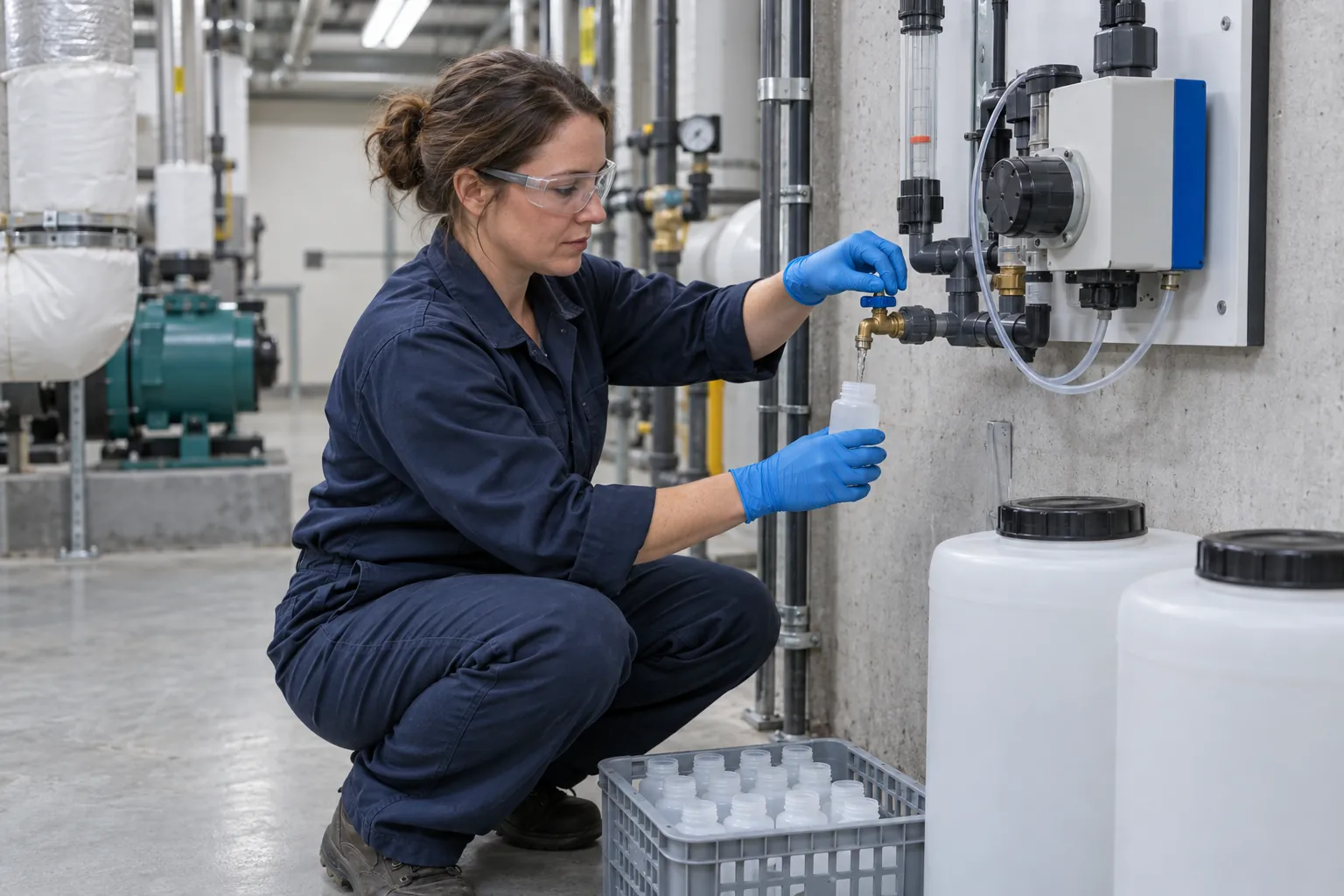 A water treatment technician in coveralls and gloves fills a sample bottle from a valve on a pipe in a building's mechanical room.
