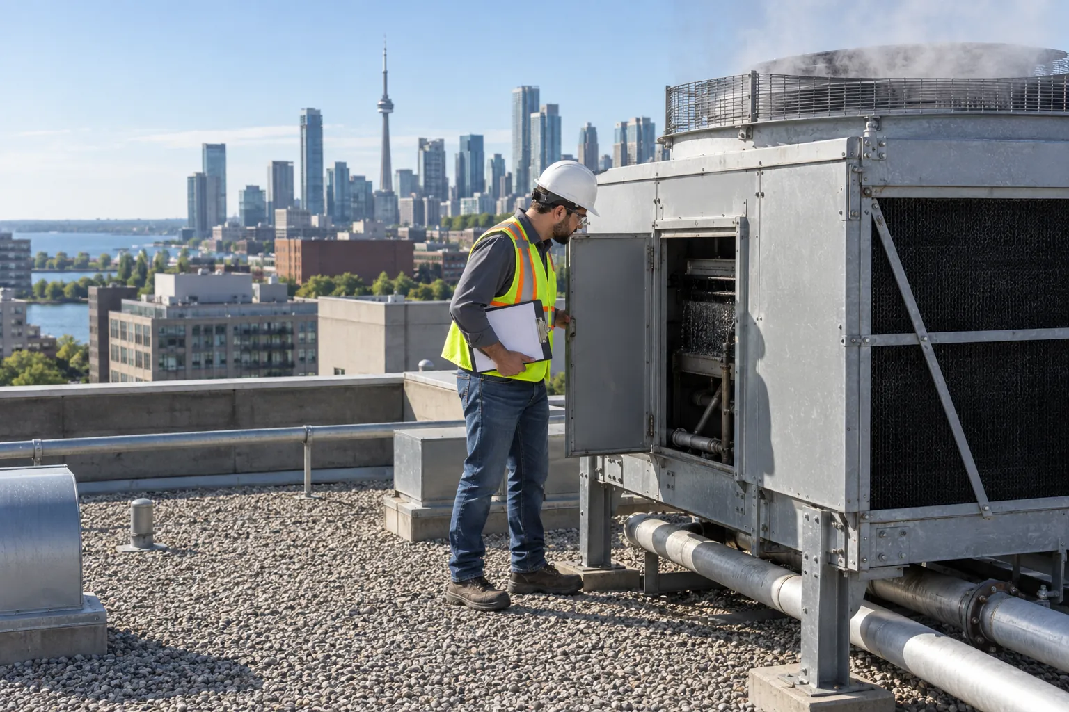 A building operator in a hard hat and high-visibility vest looks into the open panel of a rooftop cooling tower on an office building.