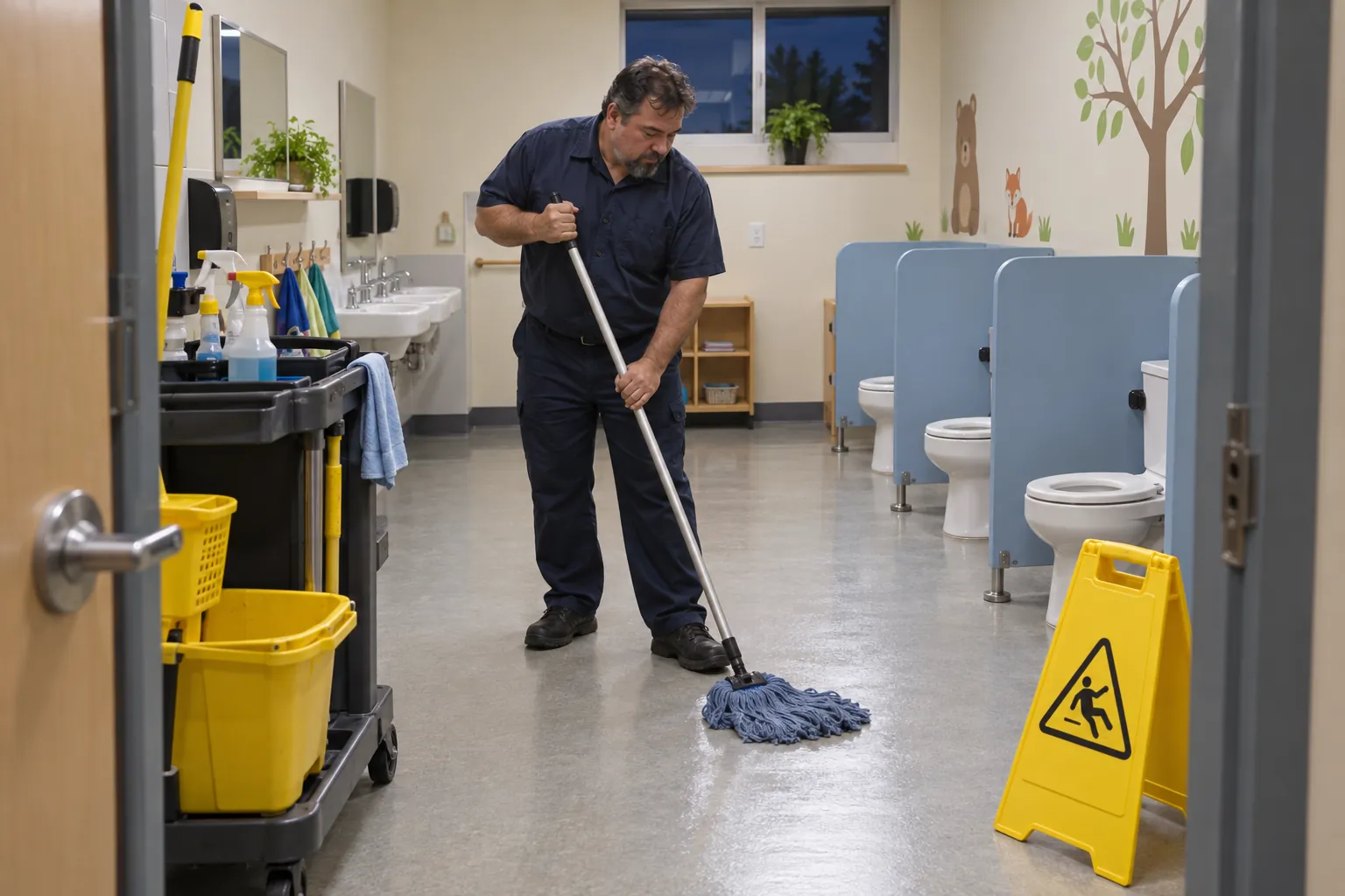A custodian mopping the floor of a child care washroom with child-height toilets and sinks, a wet floor sign and cleaning cart at the door.