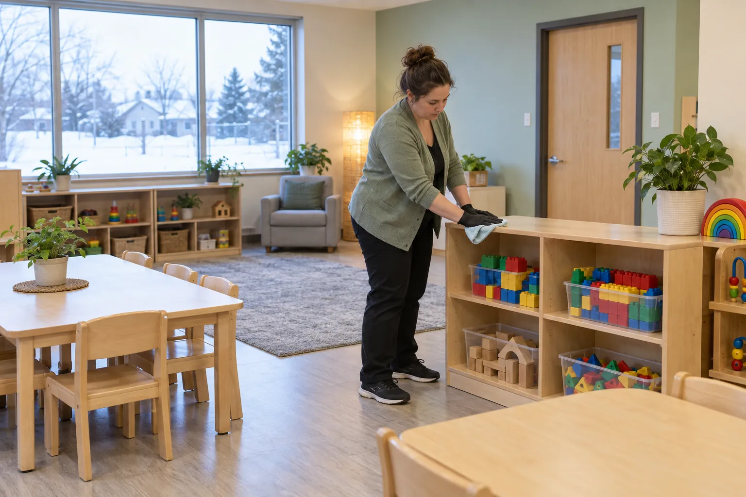 An educator in gloves wiping a low toy shelf in an empty preschool room, with small tables and chairs and a snowy window behind.