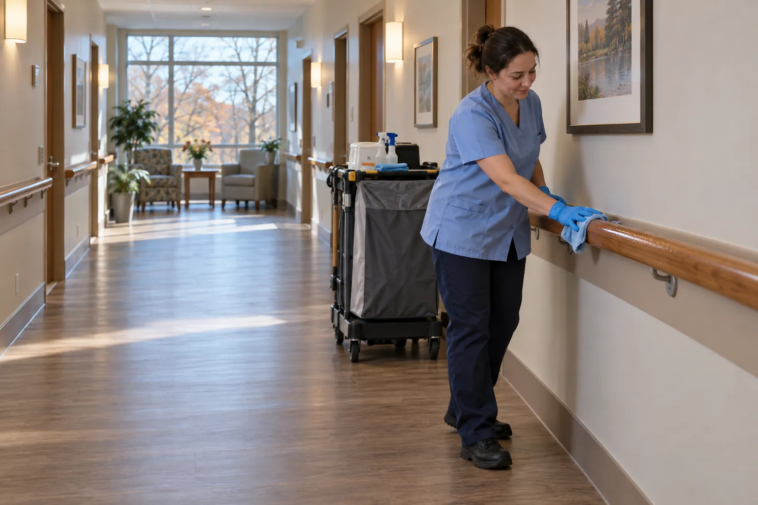A housekeeper in a blue tunic and gloves wipes a handrail in a long-term care corridor, with a covered cart behind her and autumn trees through the window.