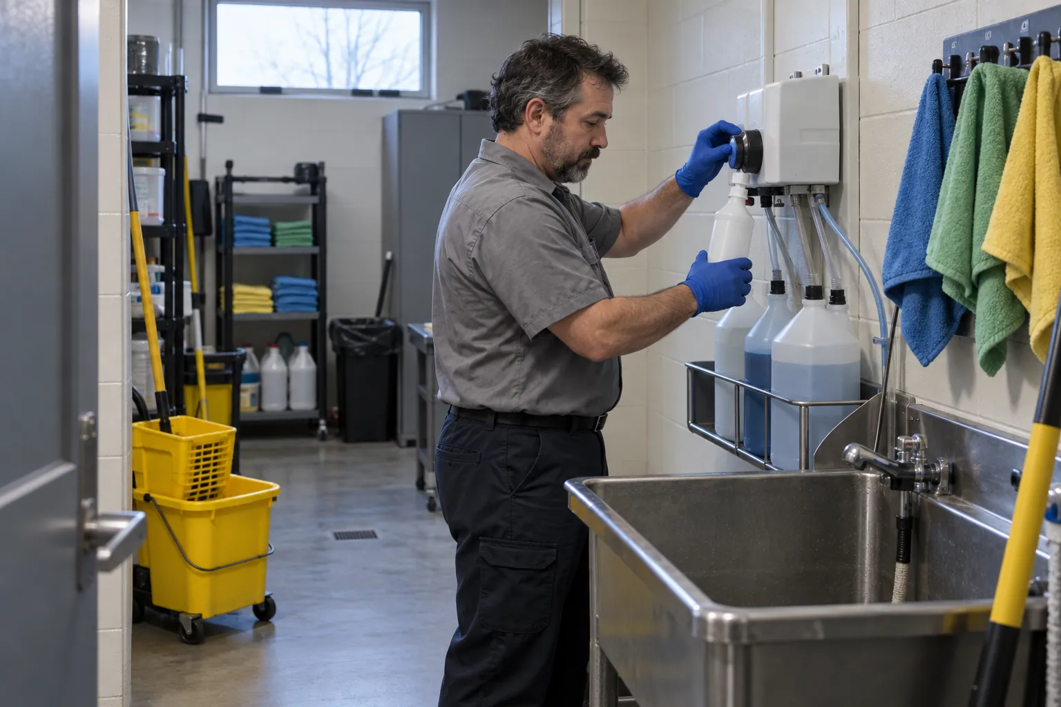 A custodian in gloves fills a spray bottle from a wall-mounted dispenser in a school custodial room beside a mop sink and yellow bucket.