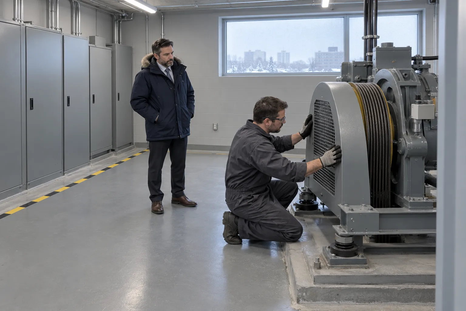 An elevator mechanic in coveralls working at a traction machine in a rooftop machine room while a property manager in a parka looks on.