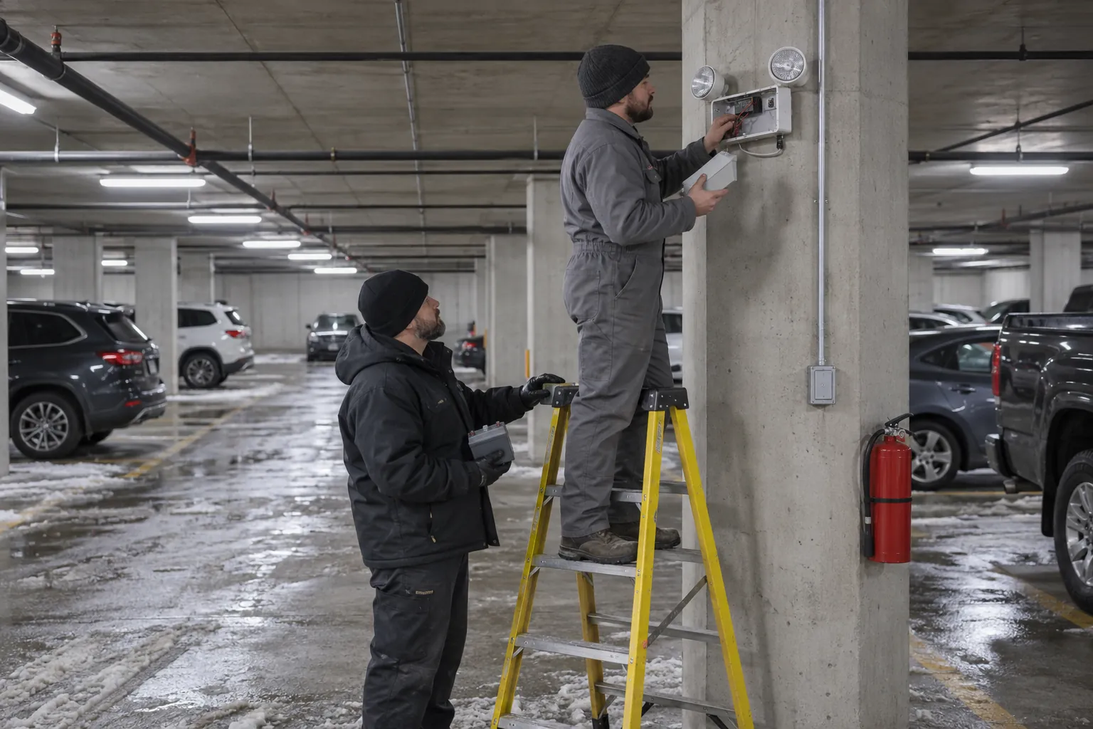 Two electricians replacing the battery in an emergency lighting unit on a concrete column in an underground parkade.