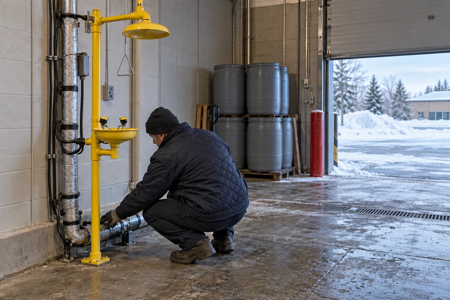 A building operator in winter clothing crouching beside a yellow emergency shower and eyewash unit near an open loading door, checking the insulated pipe at its base.