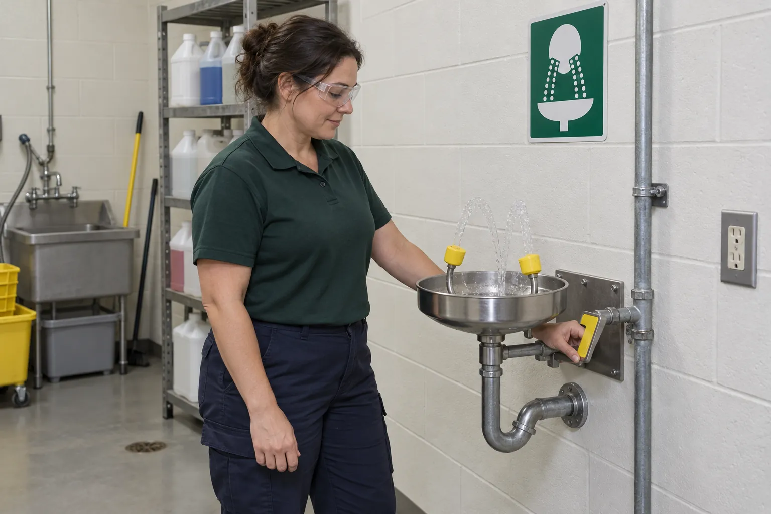 A custodian activating a wall-mounted eyewash station in a chemical room, with two streams of water rising from the nozzles into the bowl.