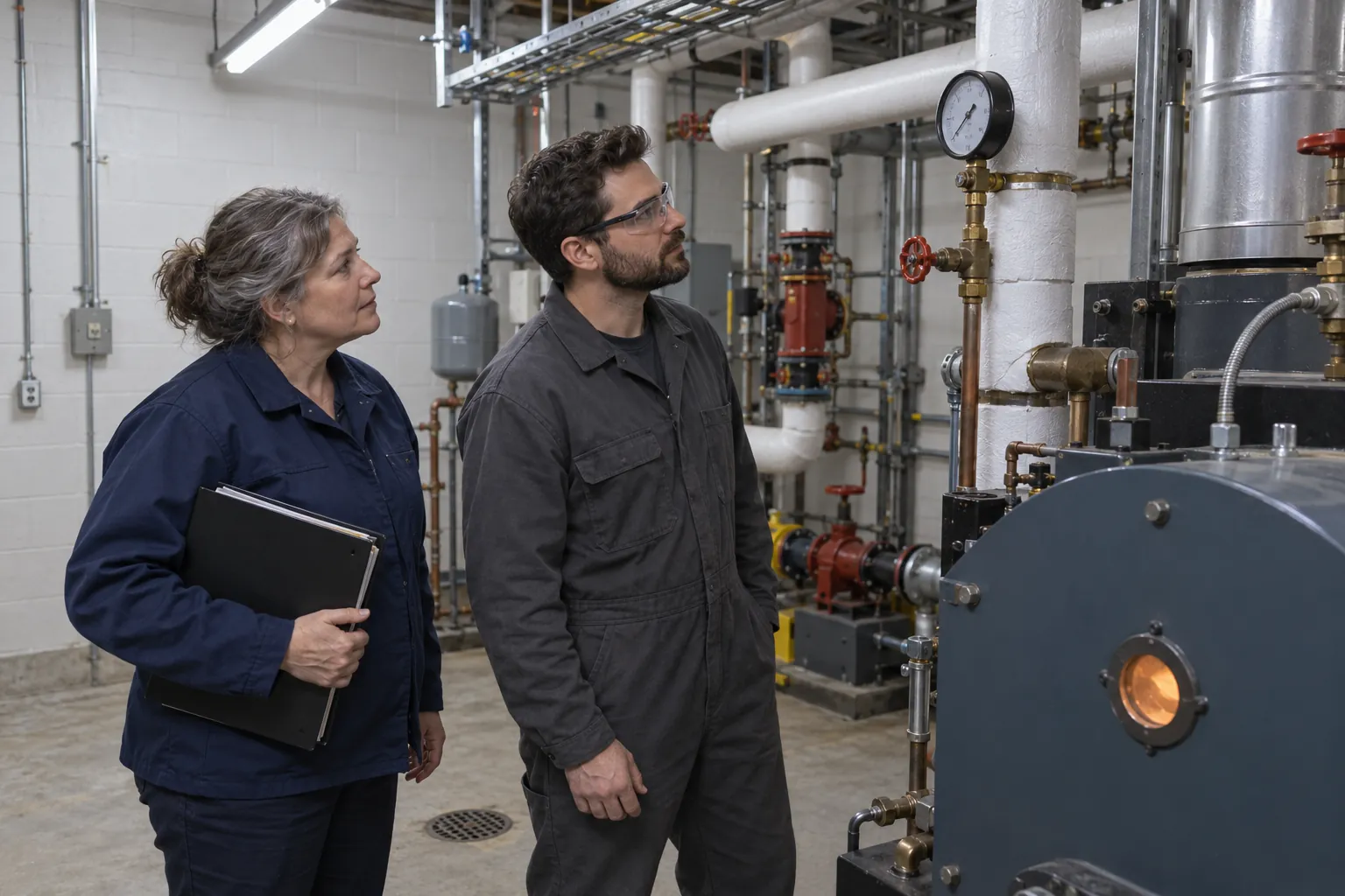 A building operator and a maintenance supervisor checking a temperature gauge on a boiler in a school mechanical room.