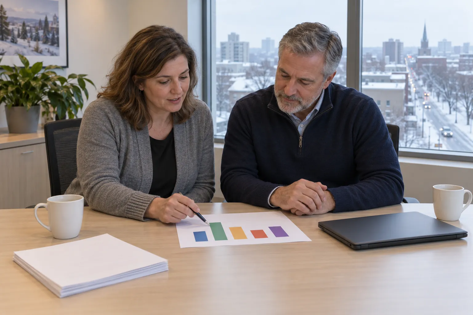 A facility manager and a service provider at a meeting table pointing to bar charts on a printed page, with a snowy street outside.