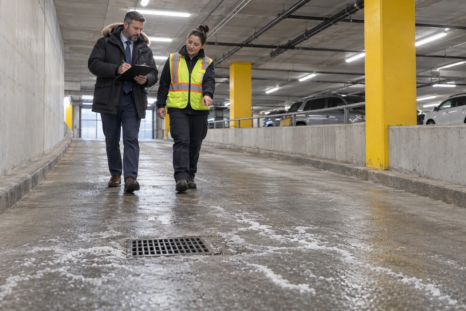 A facility manager with a clipboard and a building operator in a hi-vis vest inspecting a floor drain in an underground parkade.