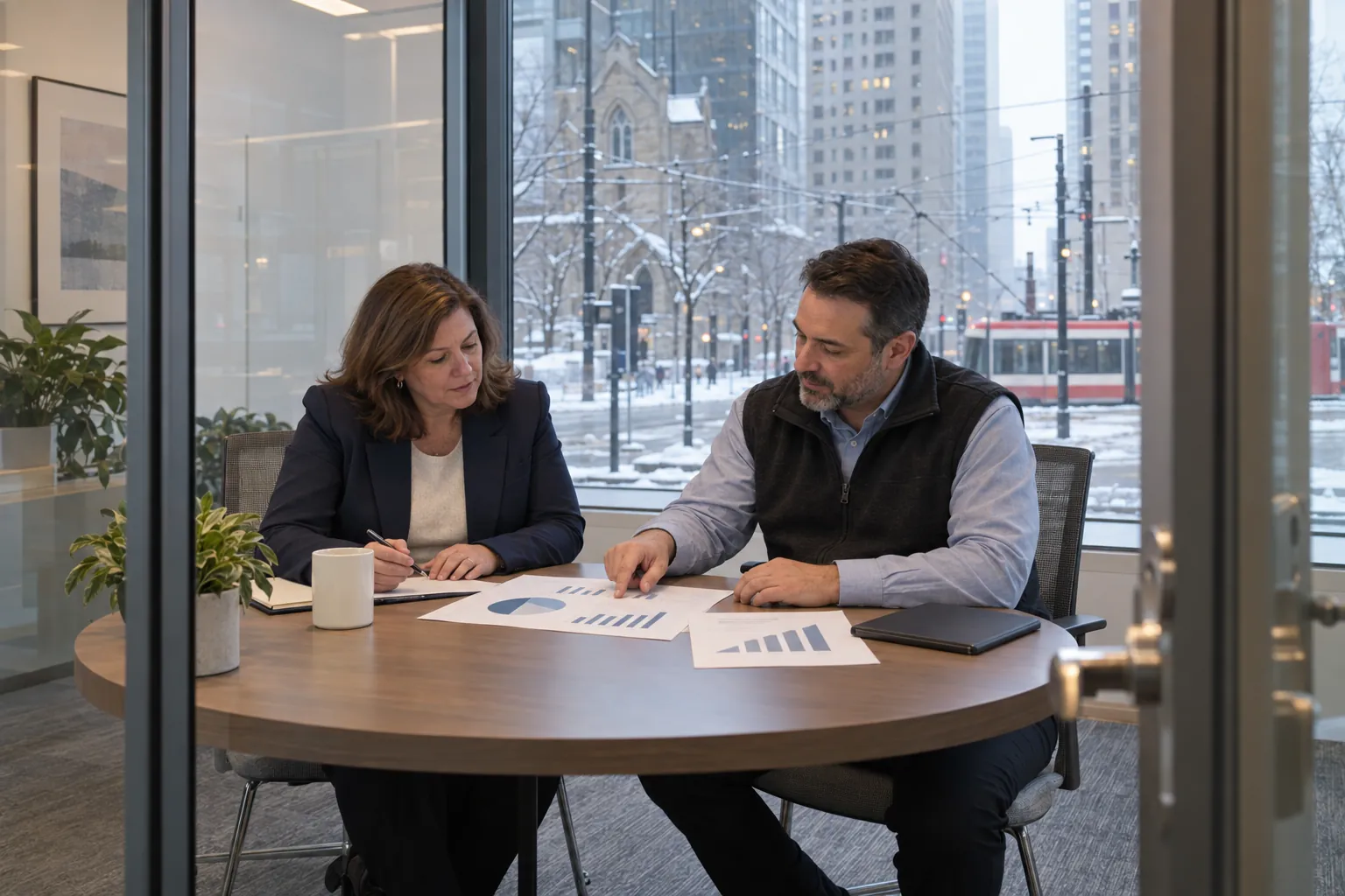 A facility manager and a service provider going through a printed report in a glass-walled meeting room, with a snowy street outside.