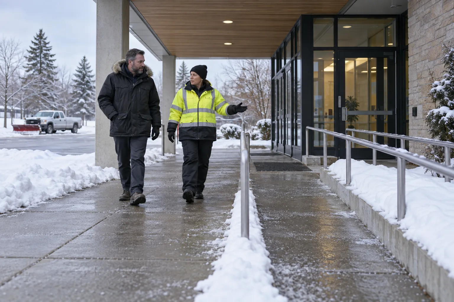 A facility manager and a supervisor in a hi-vis jacket inspecting a salted entrance ramp outside a college building in winter.