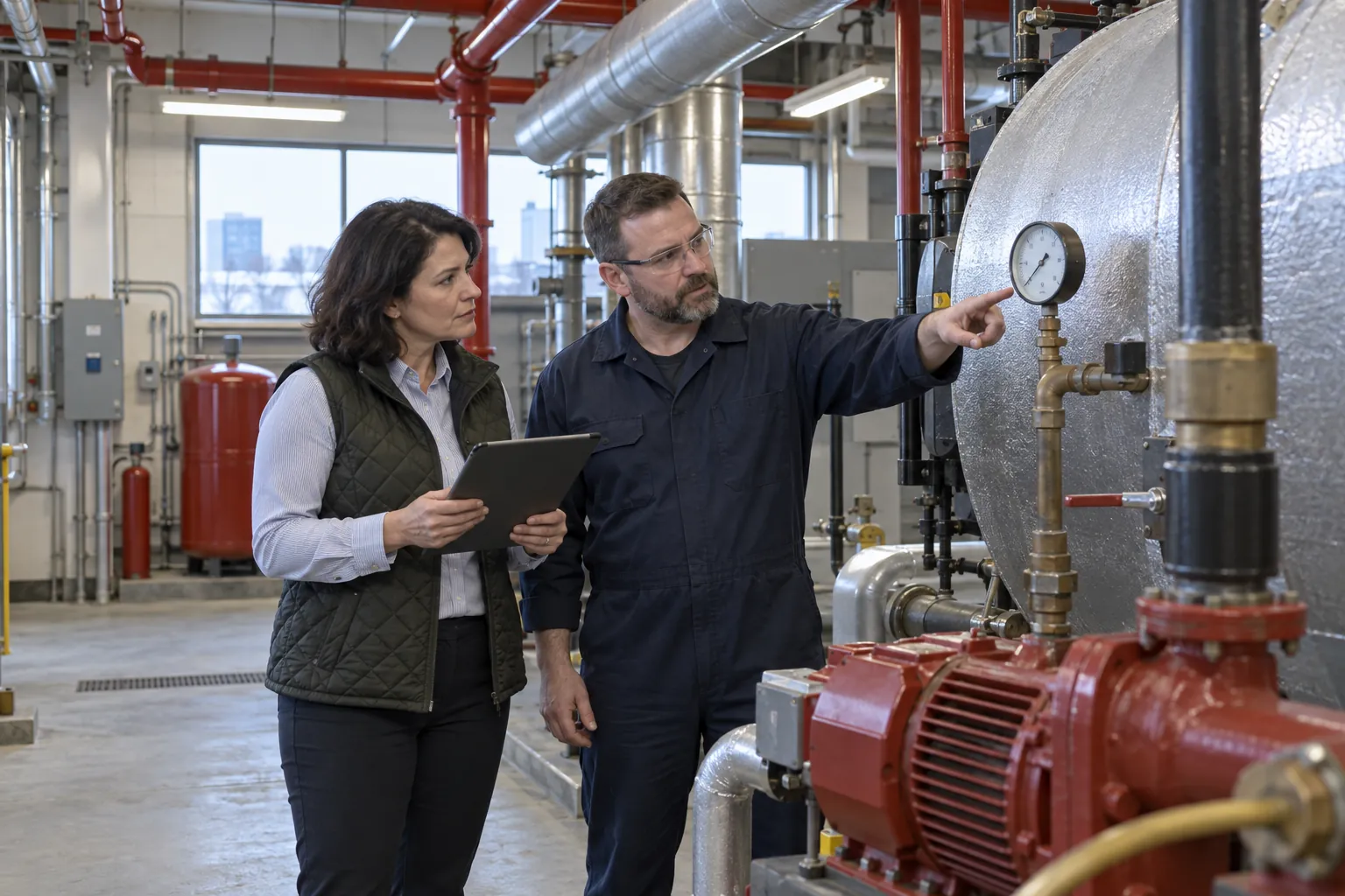 A facility manager with a tablet and a building operator in coveralls looking at a boiler gauge in a mechanical room.