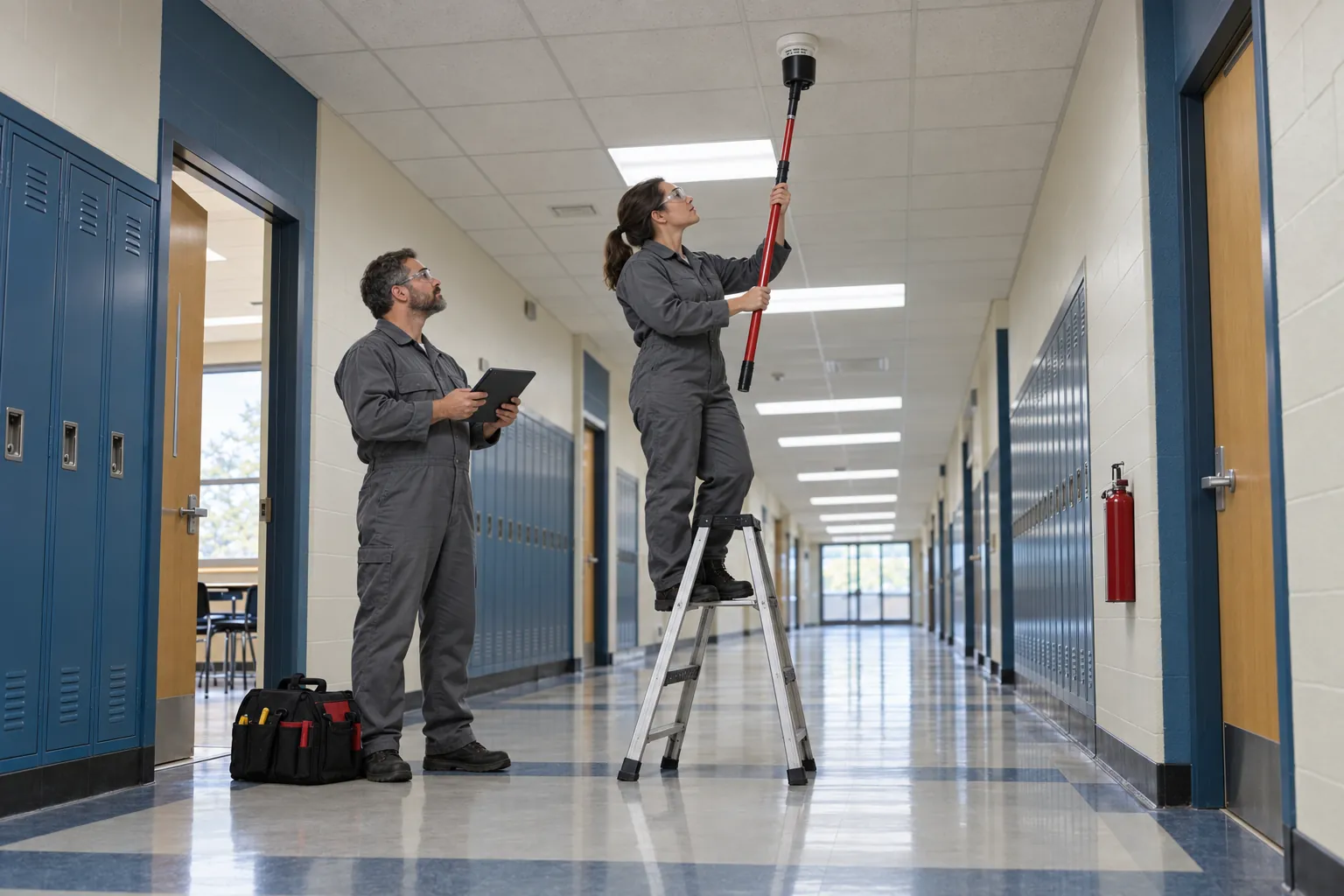 Two technicians testing a ceiling smoke detector with a pole-mounted tool in an empty school corridor lined with lockers.