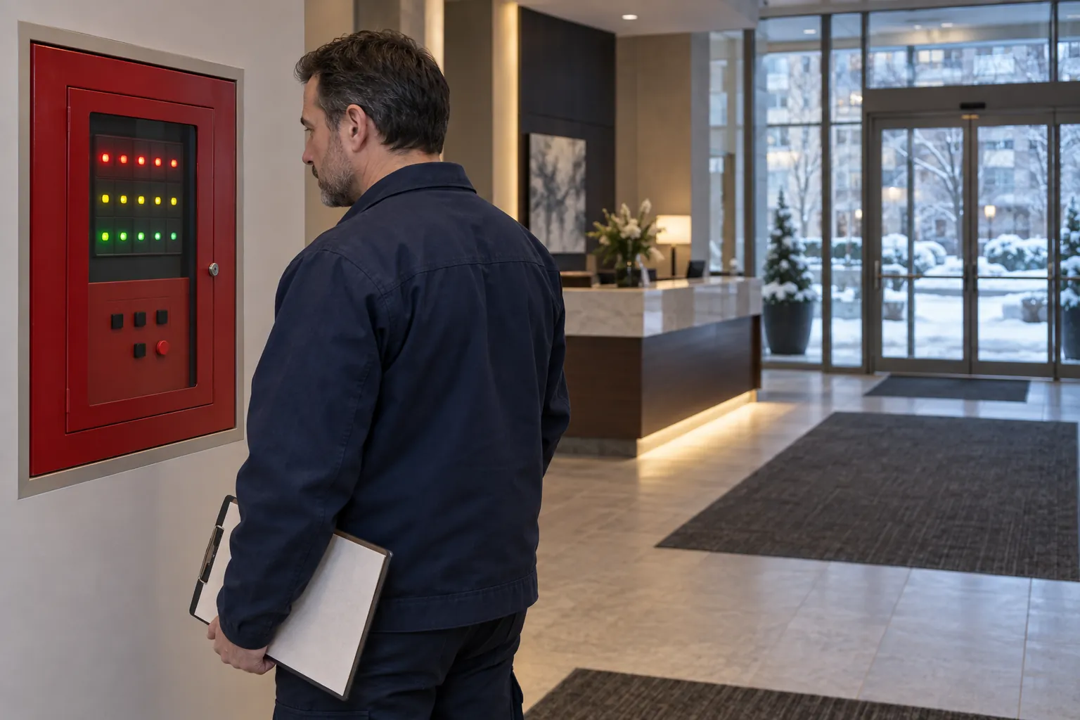 A building operator checking the indicator lights on a fire alarm annunciator panel in a condominium lobby on a winter morning.
