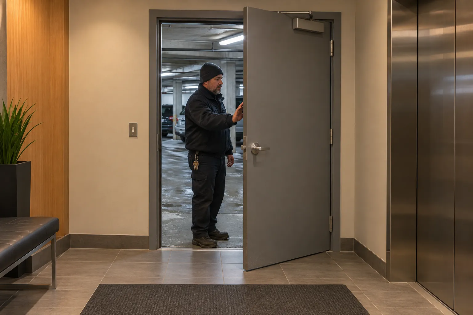 A building operator watching a steel fire door close on its own between a parking garage and an elevator lobby.