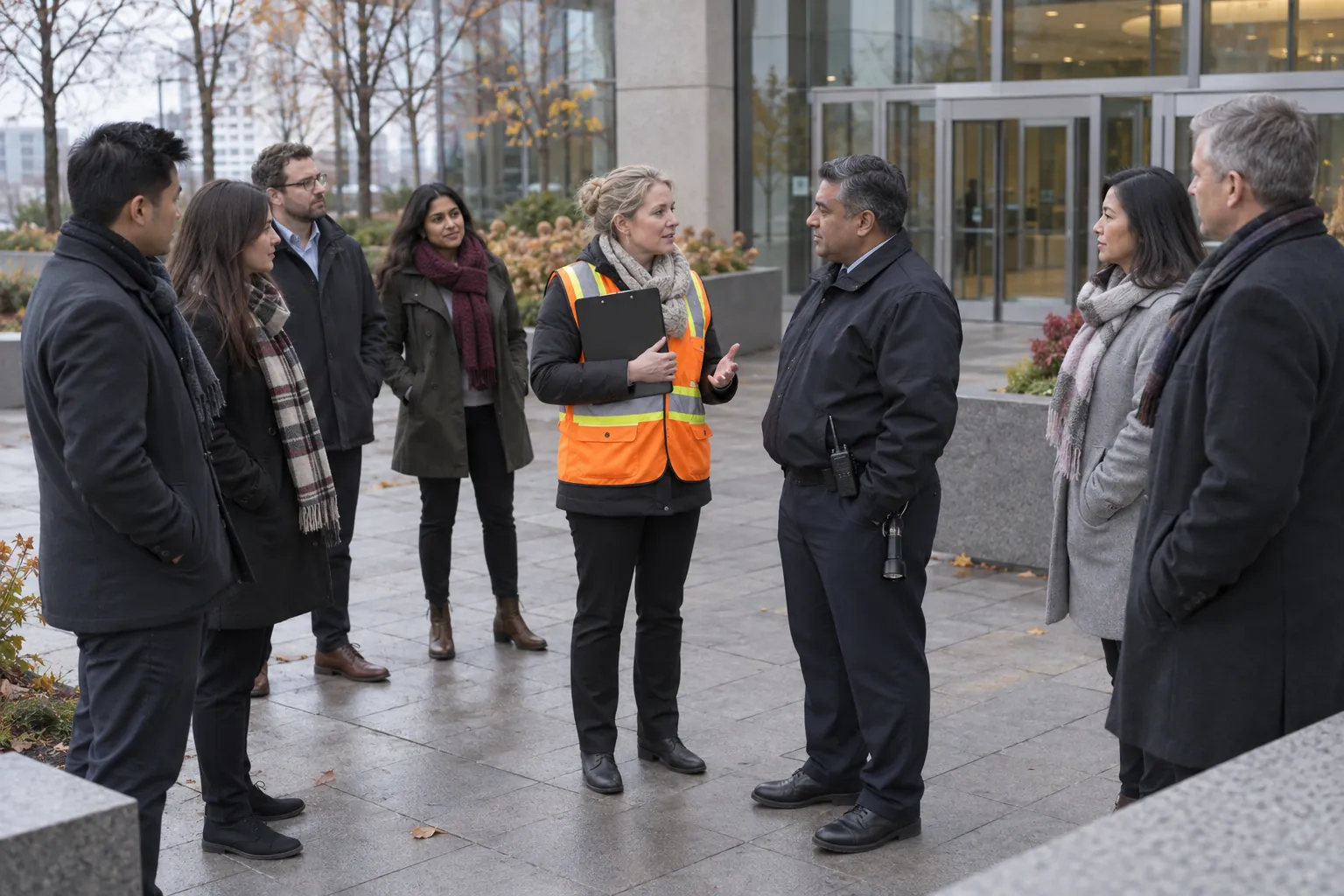 Office workers at an outdoor assembly point during a fire drill while a warden in a high-visibility vest talks with a security guard.