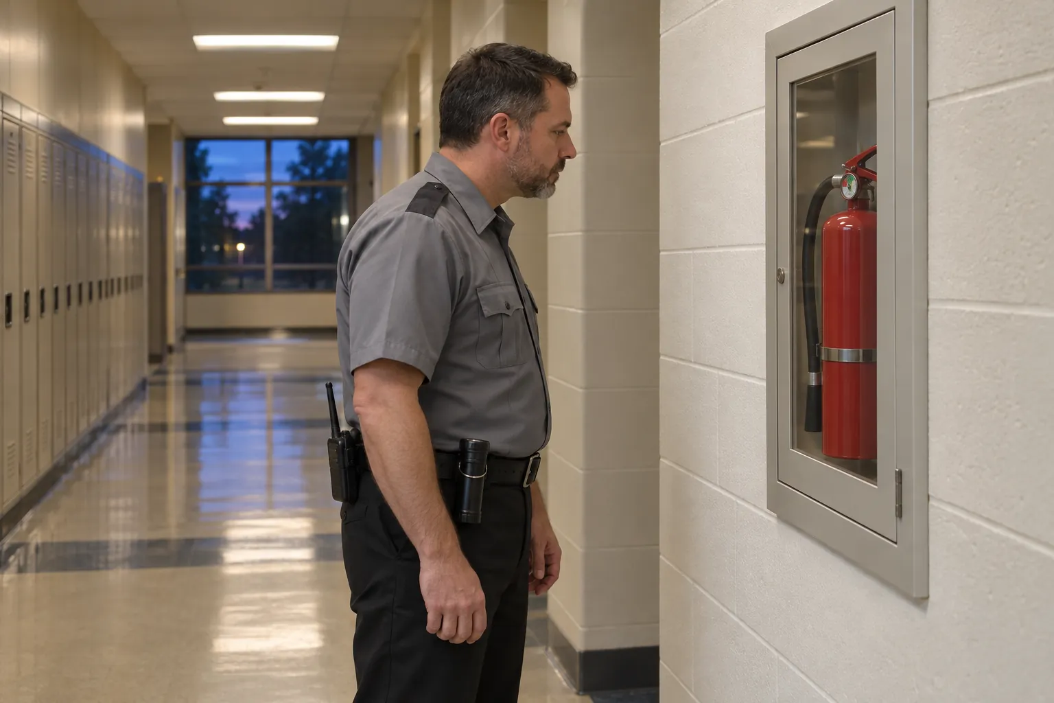 A security guard on an evening patrol stopping at a recessed fire extinguisher cabinet in a school corridor.