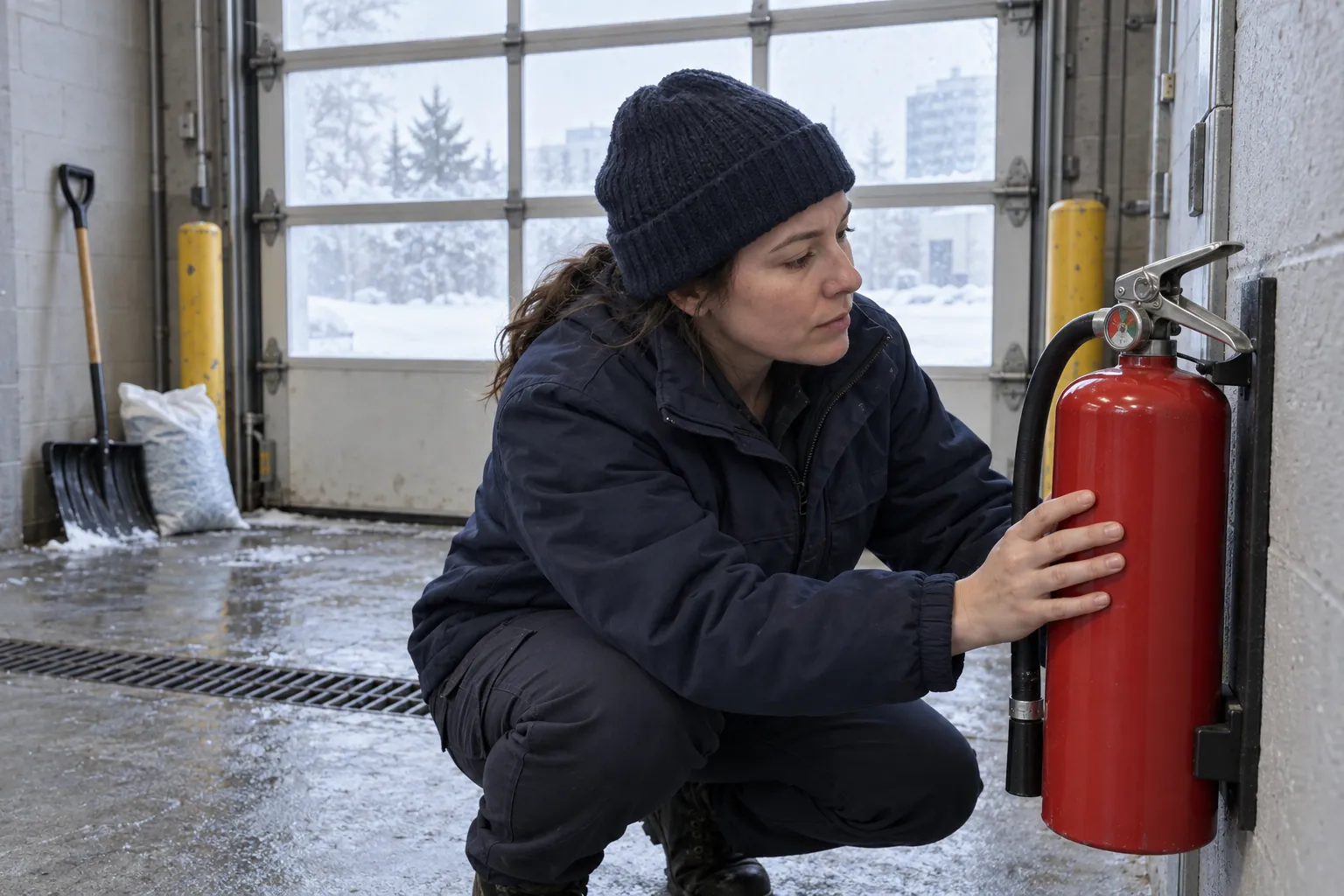 A building operator in a winter toque checking the gauge on a wall-mounted fire extinguisher in a cold loading dock.